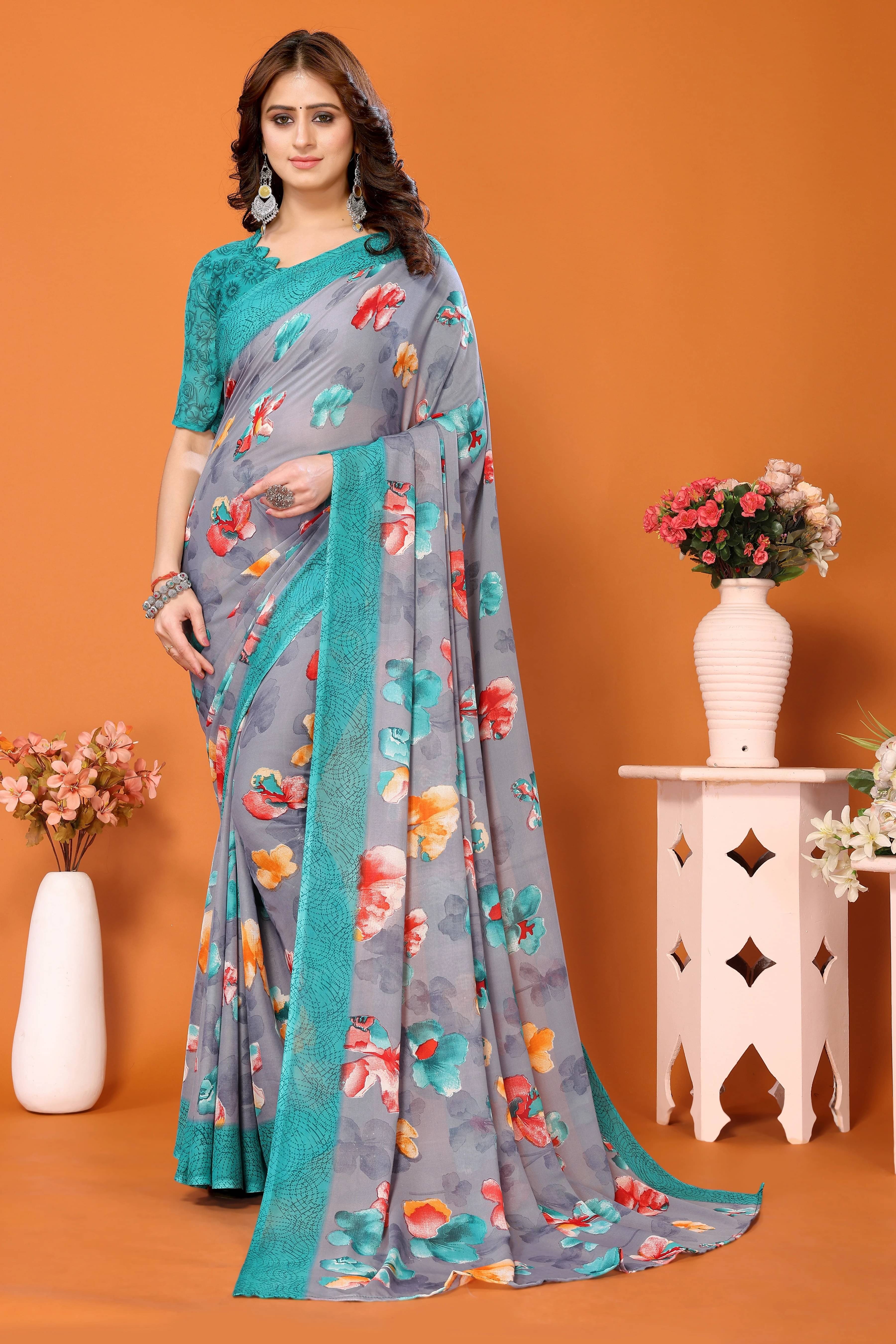 Yashika Georgette Printed Regular Saree With Unstitched Blouse Piece ( Light Green )     			Yashika Georgette Printed Regular Saree With Unstitched Blouse Piece ( Light Green )