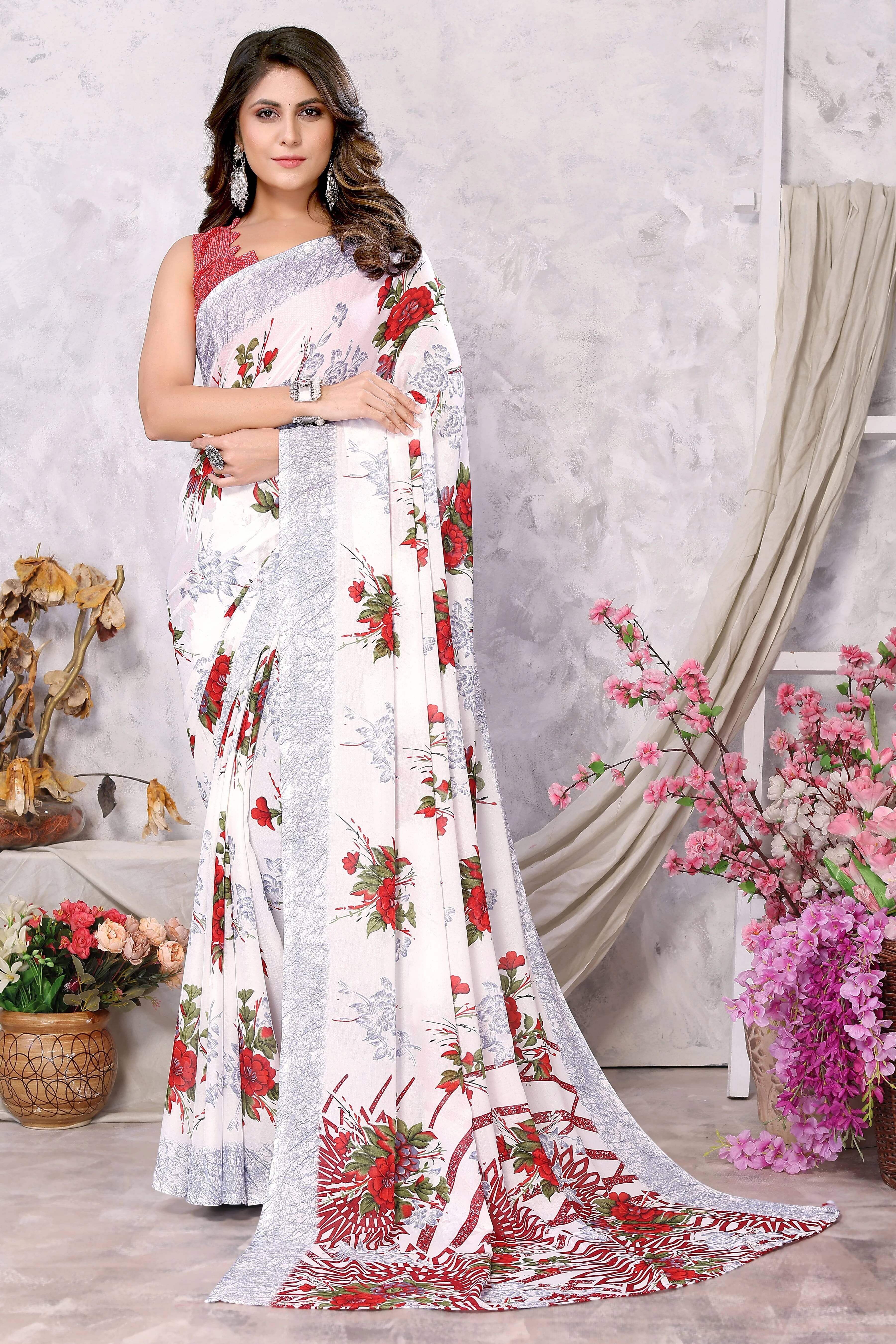 Yashika Georgette Printed Regular Saree With Unstitched Blouse Piece ( Red )     			Yashika Georgette Printed Regular Saree With Unstitched Blouse Piece ( Red )