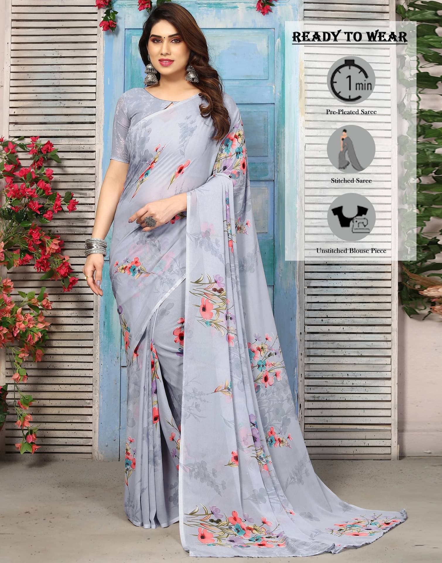Yashika Georgette Printed Regular Saree With Unstitched Blouse Piece ( Grey ) Yashika Georgette Printed Regular Saree With Unstitched Blouse Piece ( Grey )