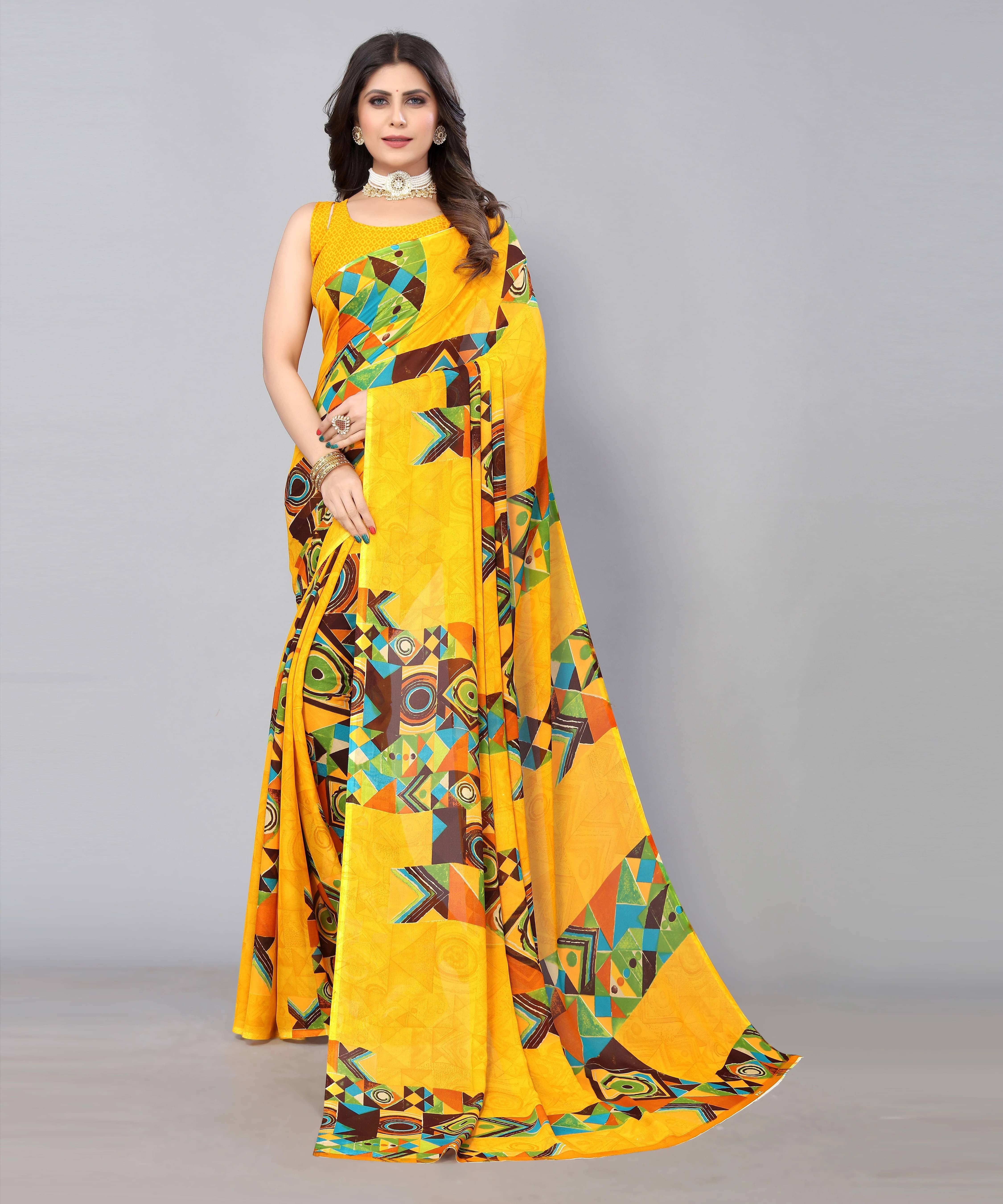     			Yashika Georgette Printed Regular Saree With Unstitched Blouse Piece ( Yellow )
