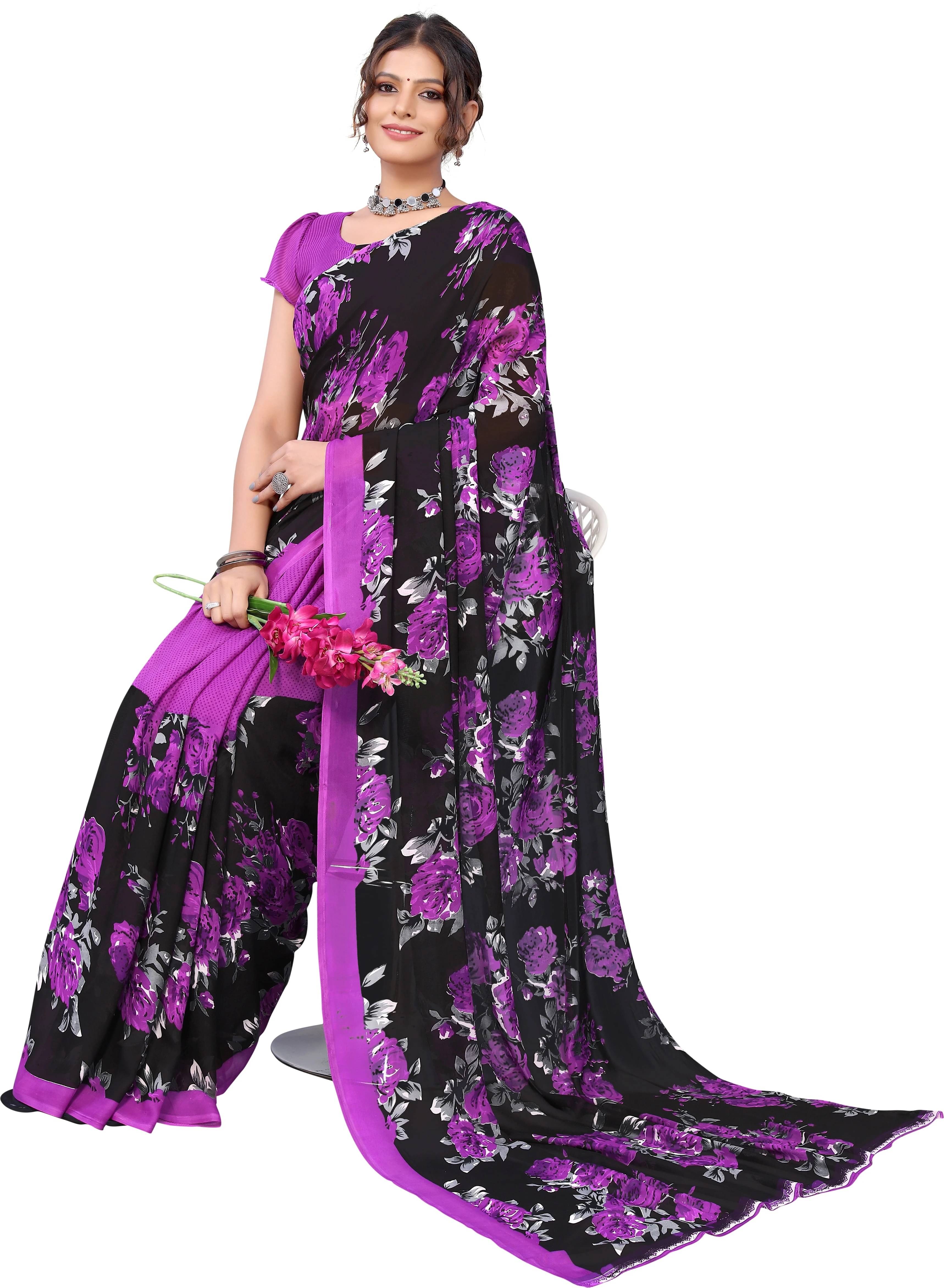     			Yashika Georgette Printed Regular Saree With Unstitched Blouse Piece ( Purple )