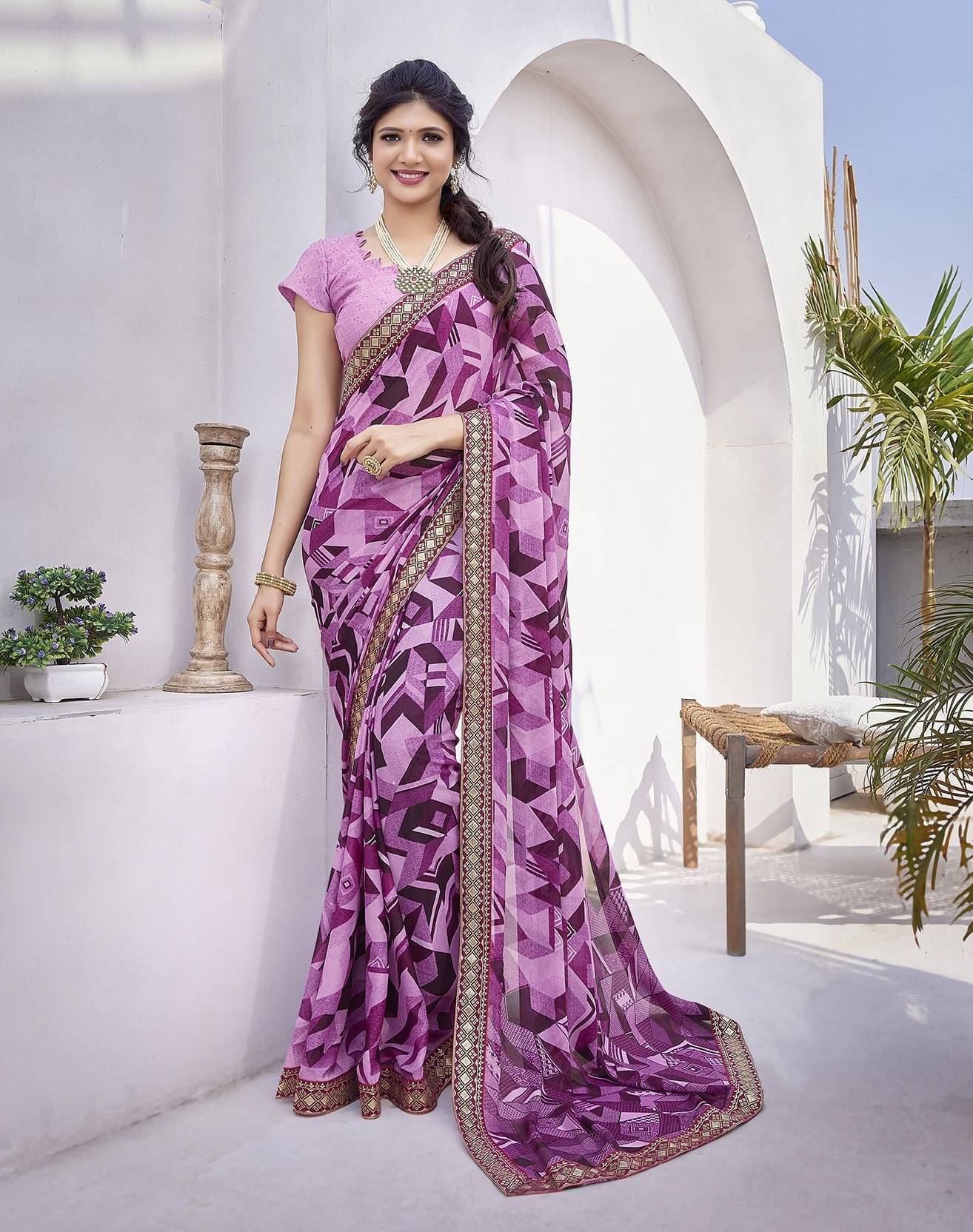 Yashika Georgette Printed Regular Saree With Unstitched Blouse Piece ( Purple ) Yashika Georgette Printed Regular Saree With Unstitched Blouse Piece ( Purple )