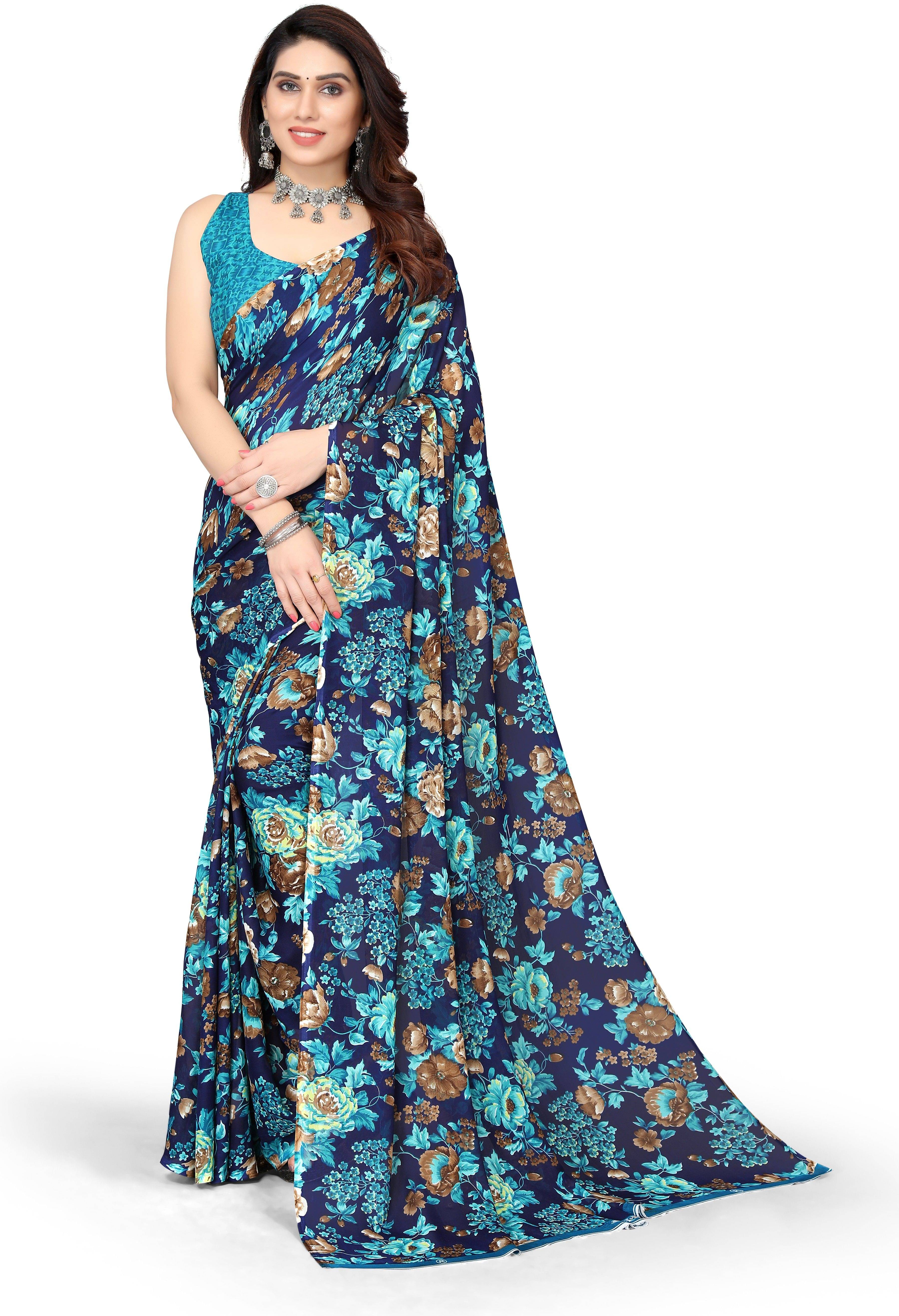     			Yashika Georgette Printed Regular Saree With Unstitched Blouse Piece ( Blue )