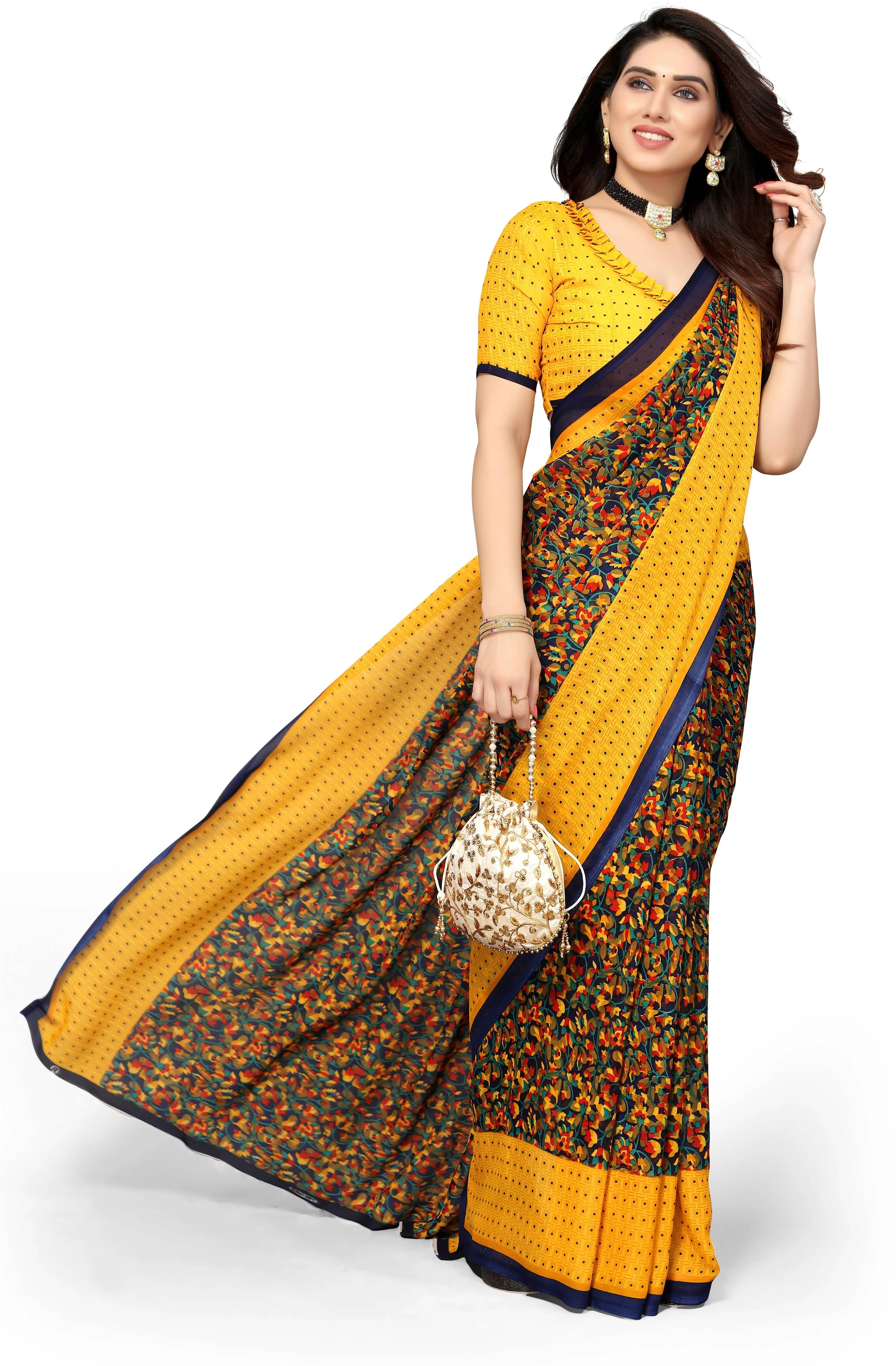 Yashika Georgette Printed Regular Saree With Unstitched Blouse Piece ( Yellow )     			Yashika Georgette Printed Regular Saree With Unstitched Blouse Piece ( Yellow )