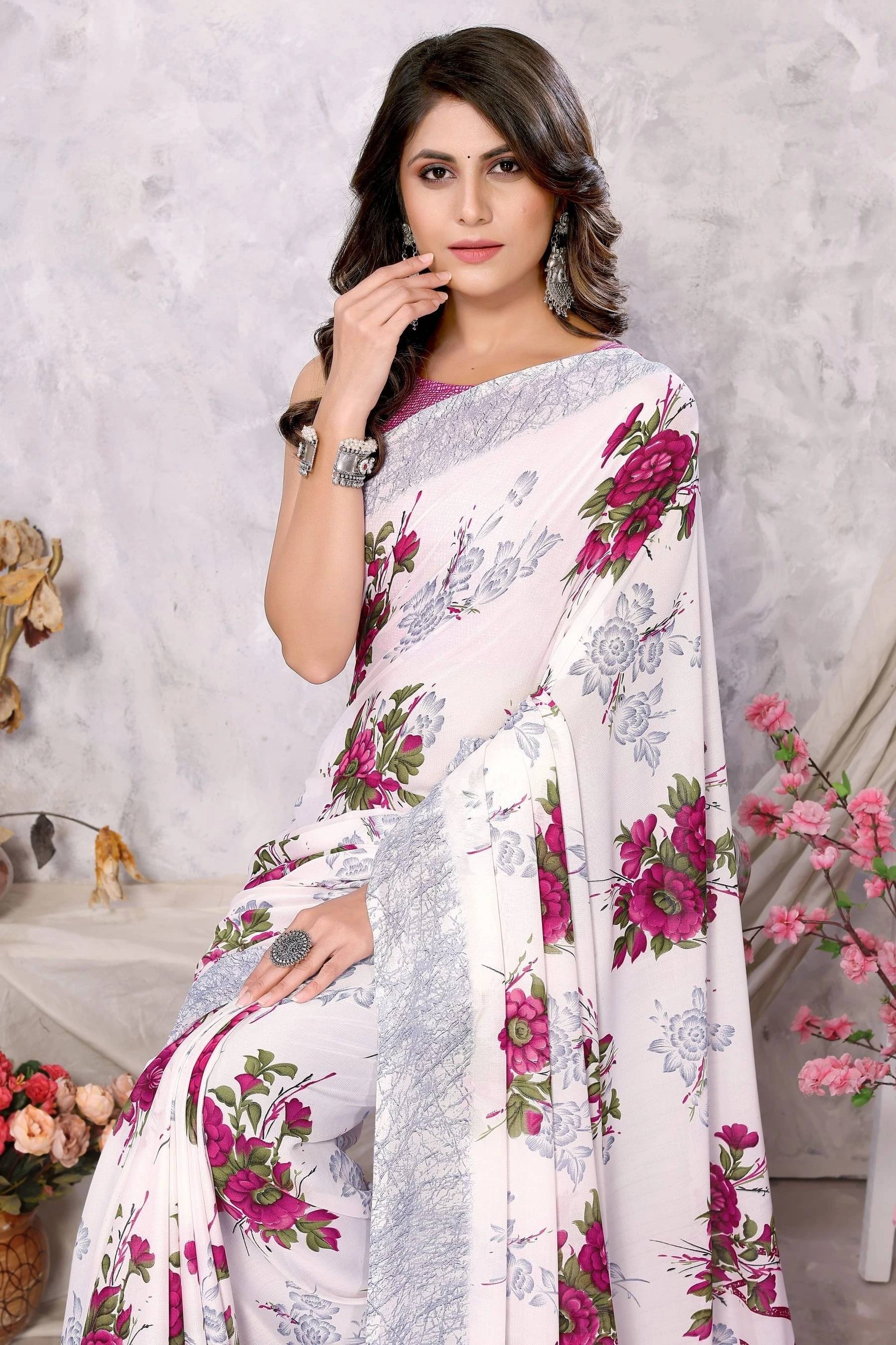 Yashika Georgette Printed Regular Saree With Unstitched Blouse Piece ( Purple )     			Yashika Georgette Printed Regular Saree With Unstitched Blouse Piece ( Purple )