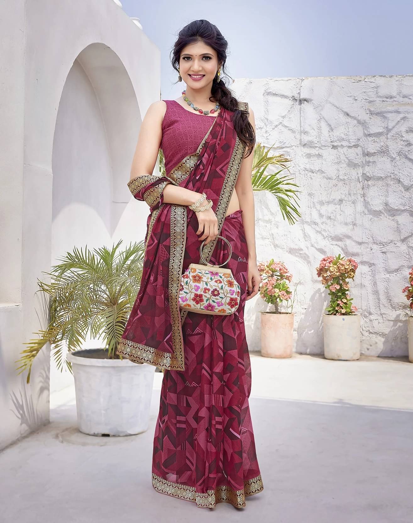     			Yashika Georgette Printed Regular Saree With Unstitched Blouse Piece ( Purple )