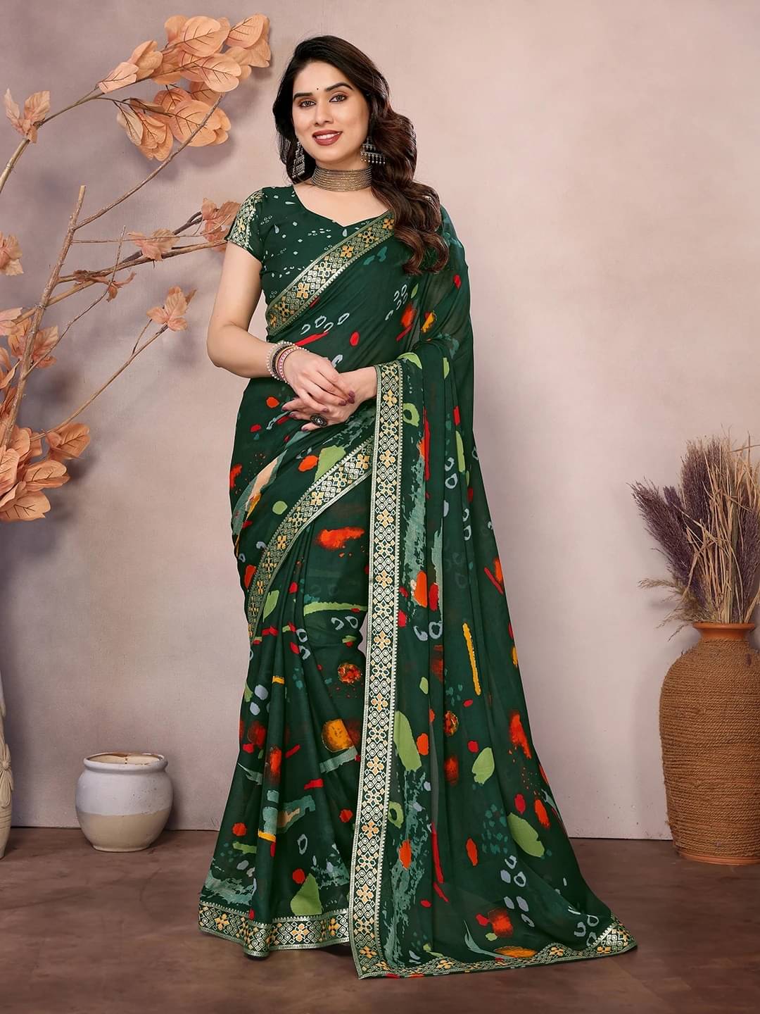 Yashika Georgette Printed Regular Saree With Unstitched Blouse Piece ( Green ) Yashika Georgette Printed Regular Saree With Unstitched Blouse Piece ( Green )
