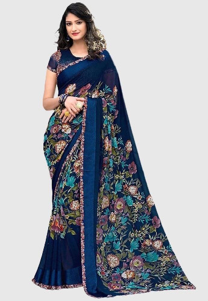 Yashika Georgette Printed Regular Saree With Unstitched Blouse Piece ( Blue ) Yashika Georgette Printed Regular Saree With Unstitched Blouse Piece ( Blue )