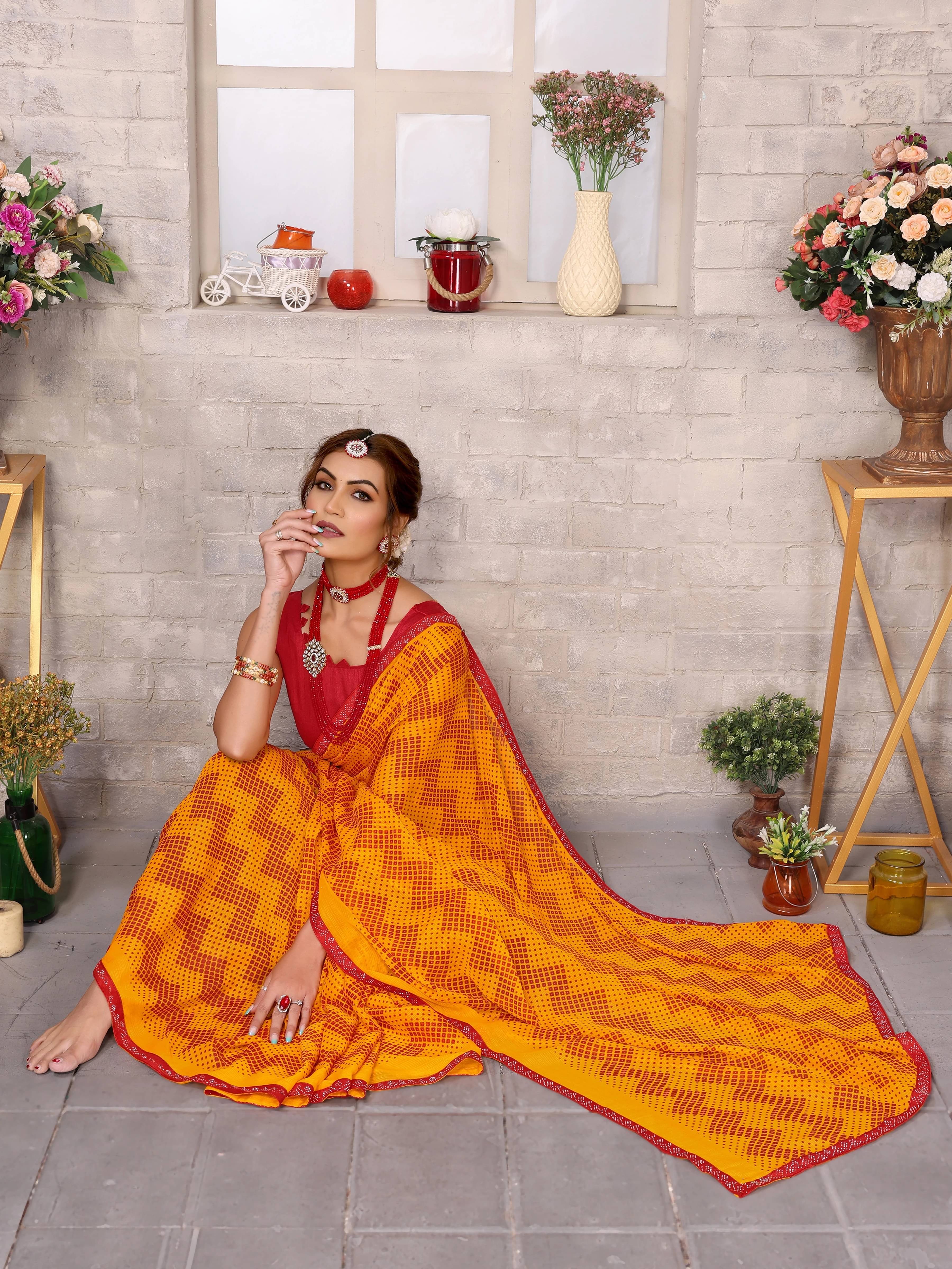     			Yashika Georgette Printed Regular Saree With Unstitched Blouse Piece ( Yellow )