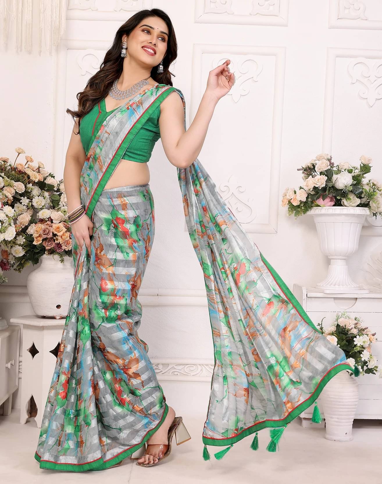 Yashika Georgette Printed Regular Saree With Unstitched Blouse Piece ( Green ) Yashika Georgette Printed Regular Saree With Unstitched Blouse Piece ( Green )