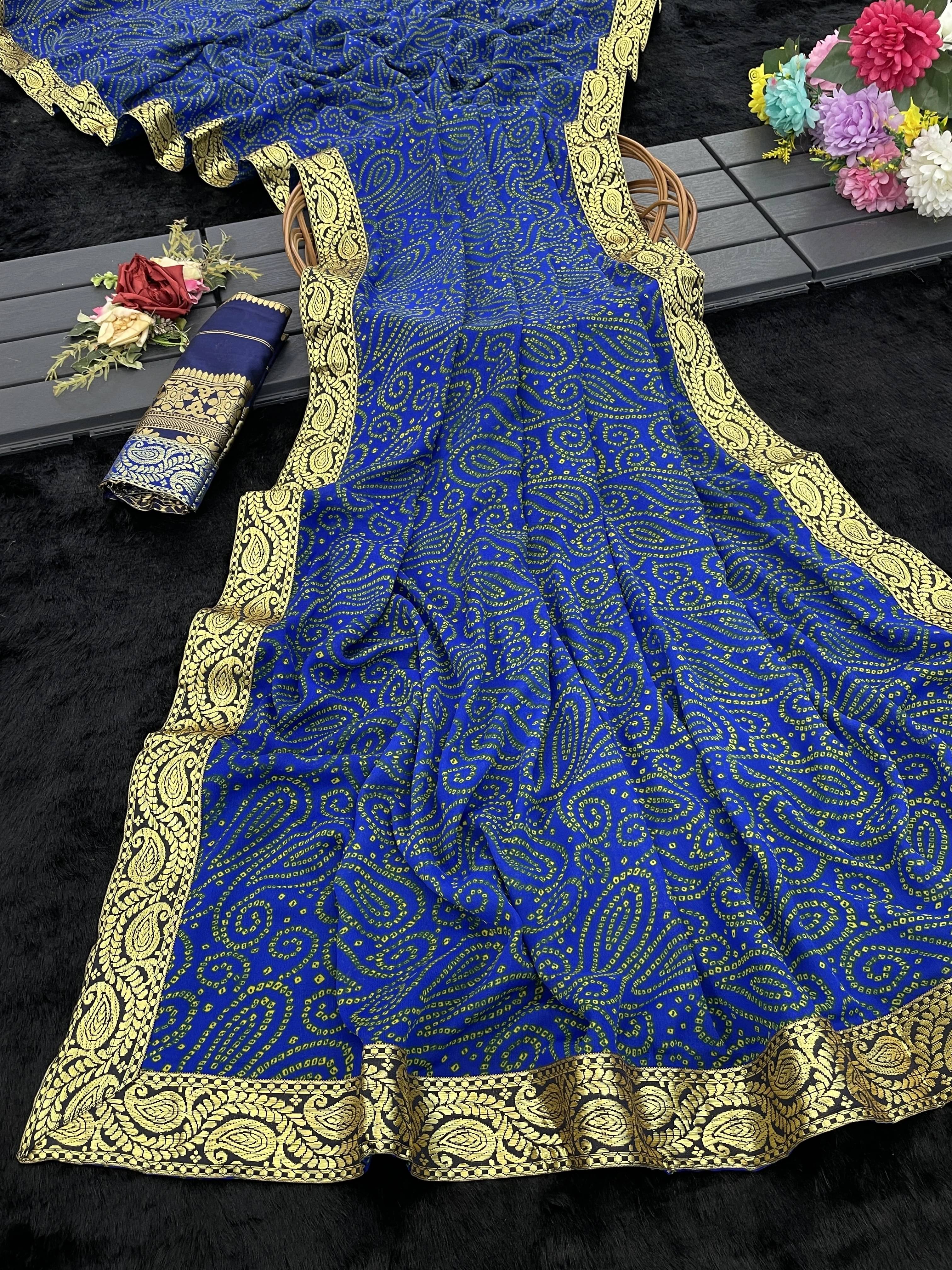     			Yashika Georgette Printed Regular Saree With Unstitched Blouse Piece ( Blue )