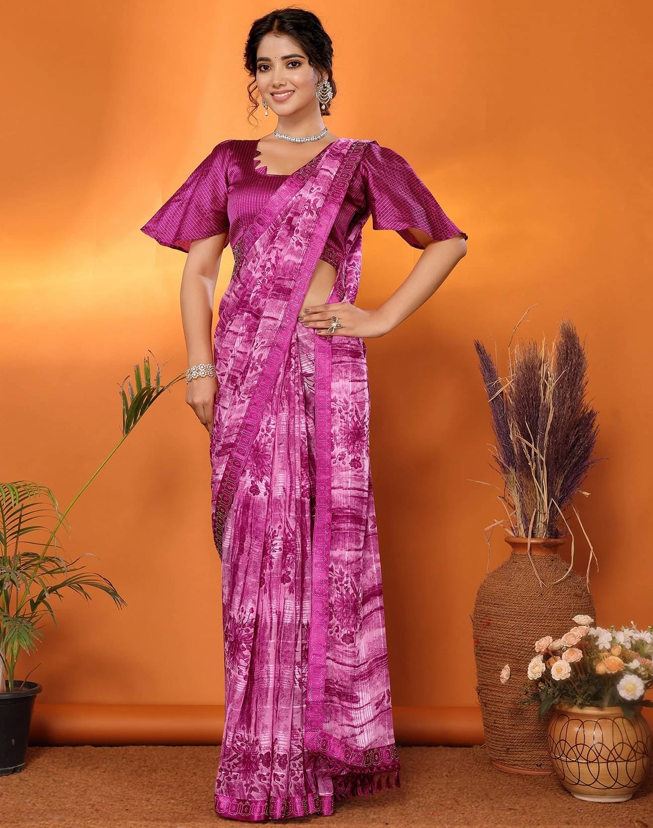     			Yashika Georgette Printed Regular Saree With Unstitched Blouse Piece ( Purple )