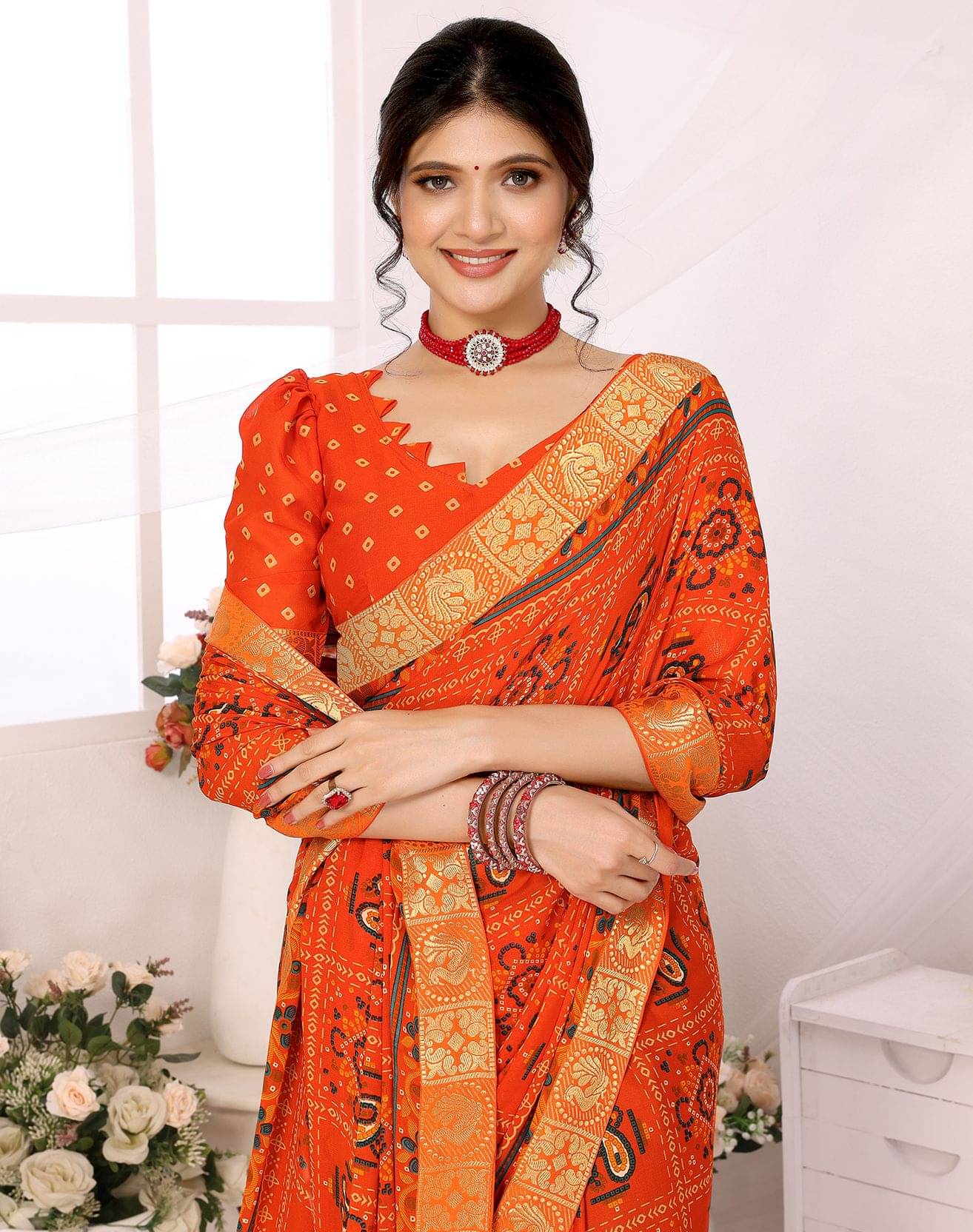 Yashika Georgette Printed Regular Saree With Unstitched Blouse Piece ( Orange )     			Yashika Georgette Printed Regular Saree With Unstitched Blouse Piece ( Orange )