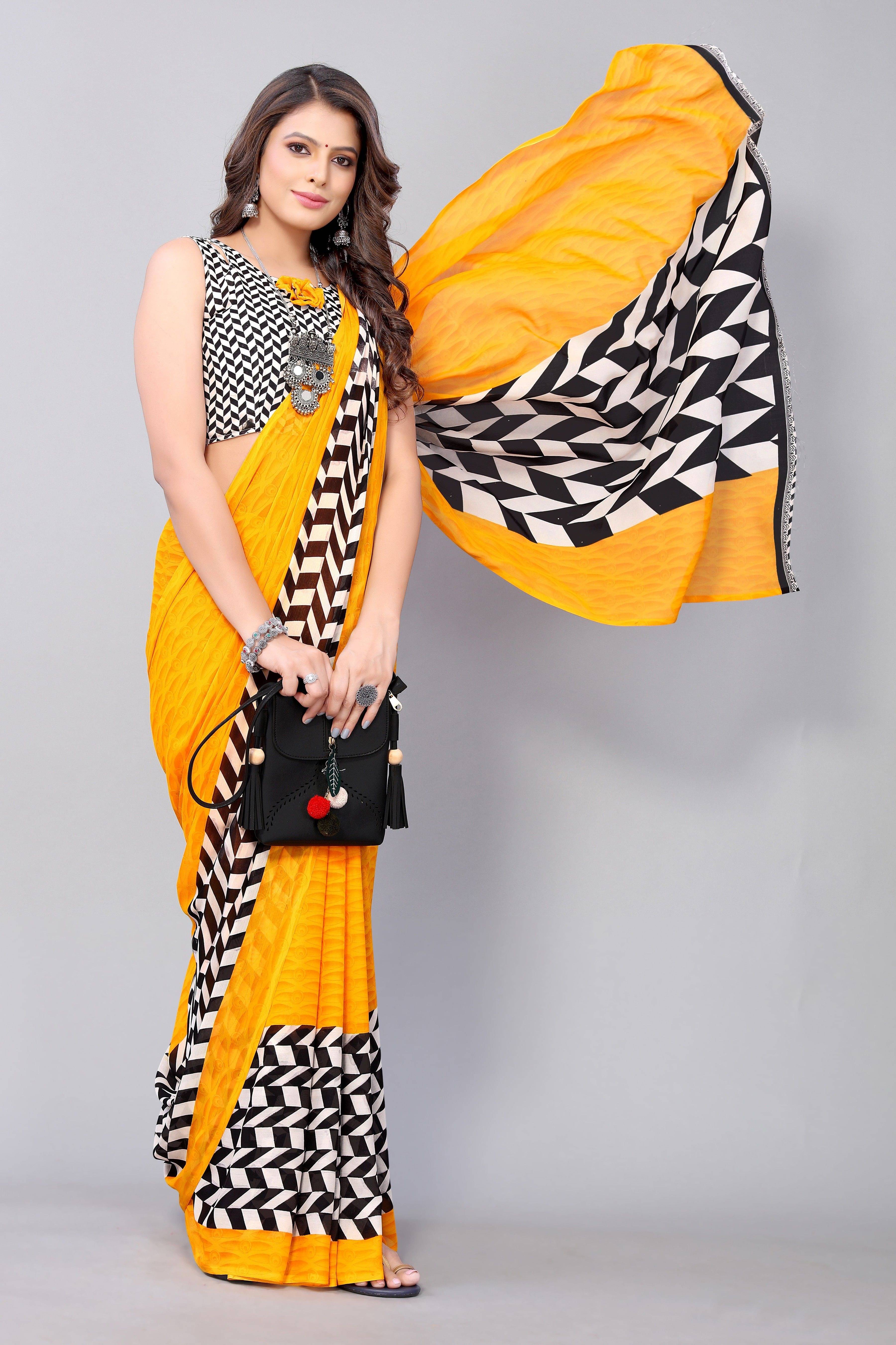     			Yashika Georgette Striped Regular Saree With Unstitched Blouse Piece ( Yellow )