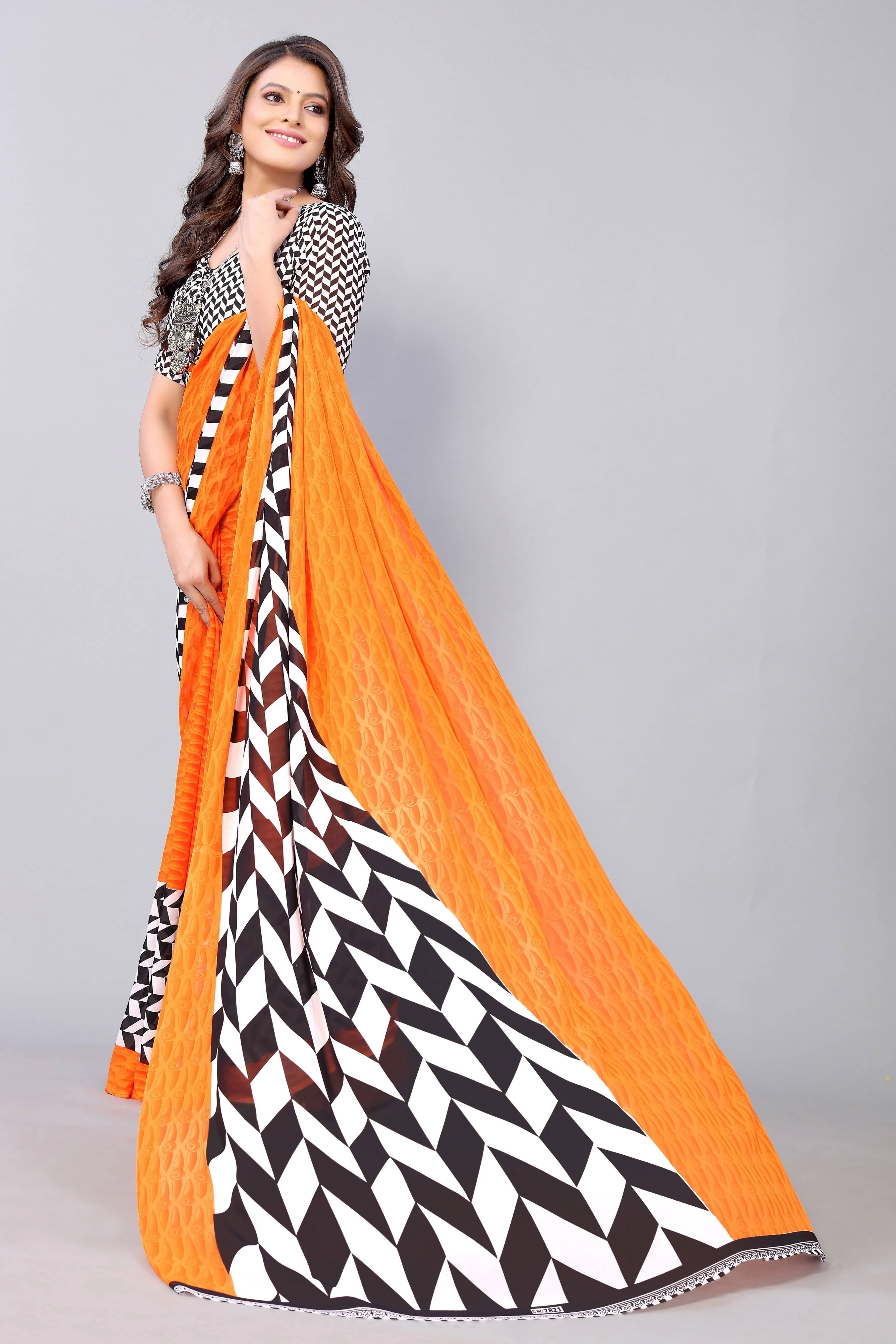 Yashika Georgette Striped Regular Saree With Unstitched Blouse Piece ( Orange ) Yashika Georgette Striped Regular Saree With Unstitched Blouse Piece ( Orange )