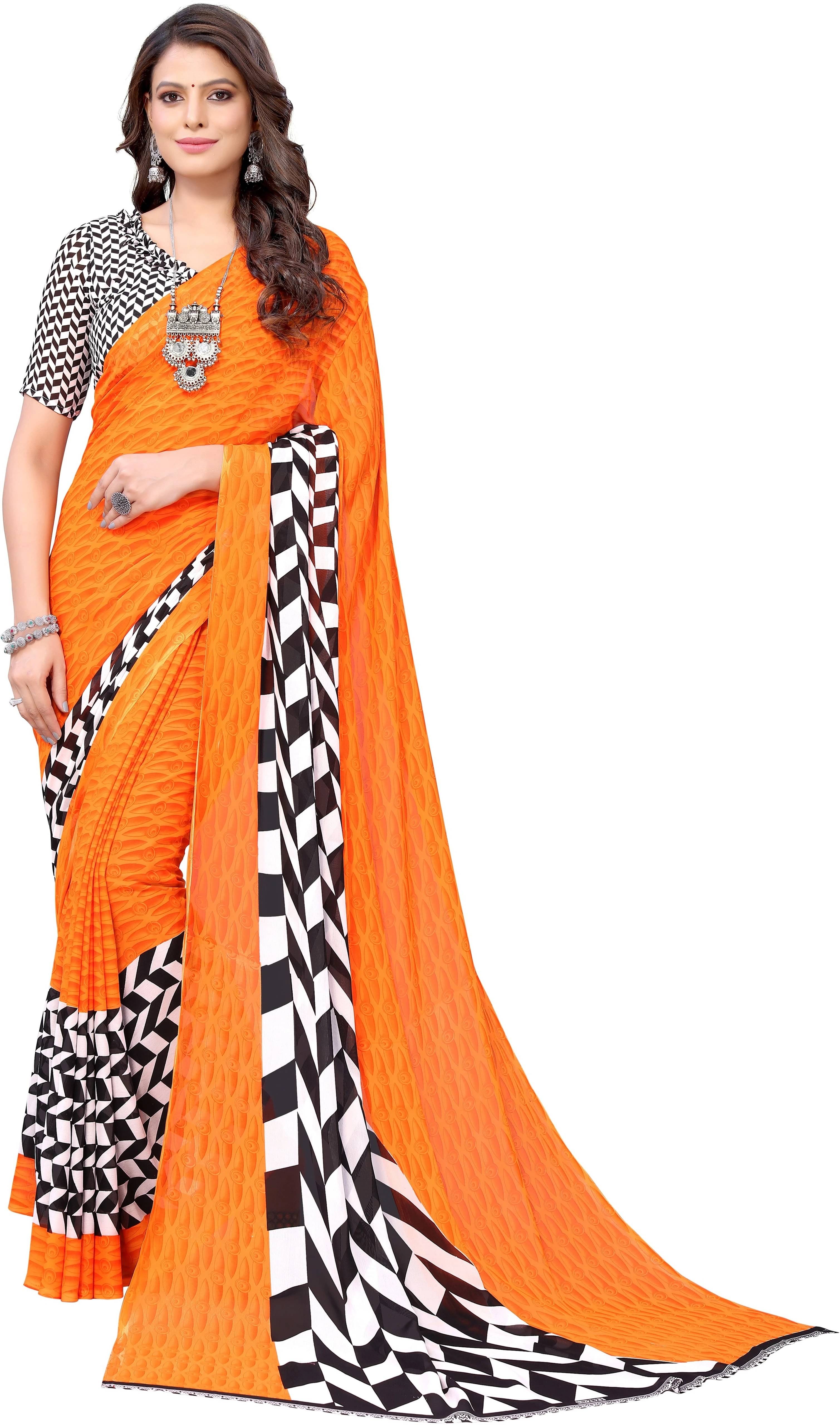     			Yashika Georgette Striped Regular Saree With Unstitched Blouse Piece ( Orange )