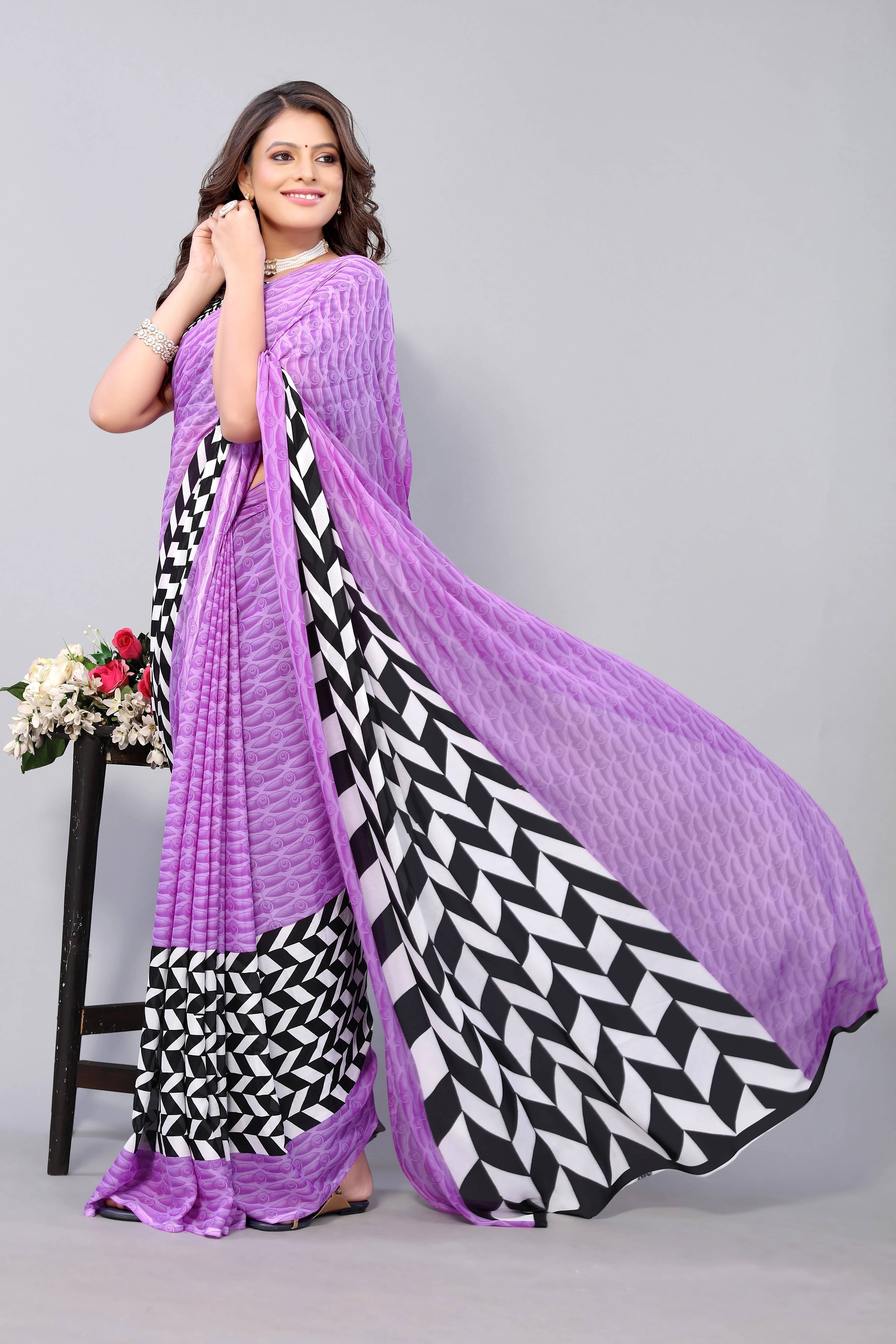     			Yashika Georgette Striped Regular Saree With Unstitched Blouse Piece ( Purple )