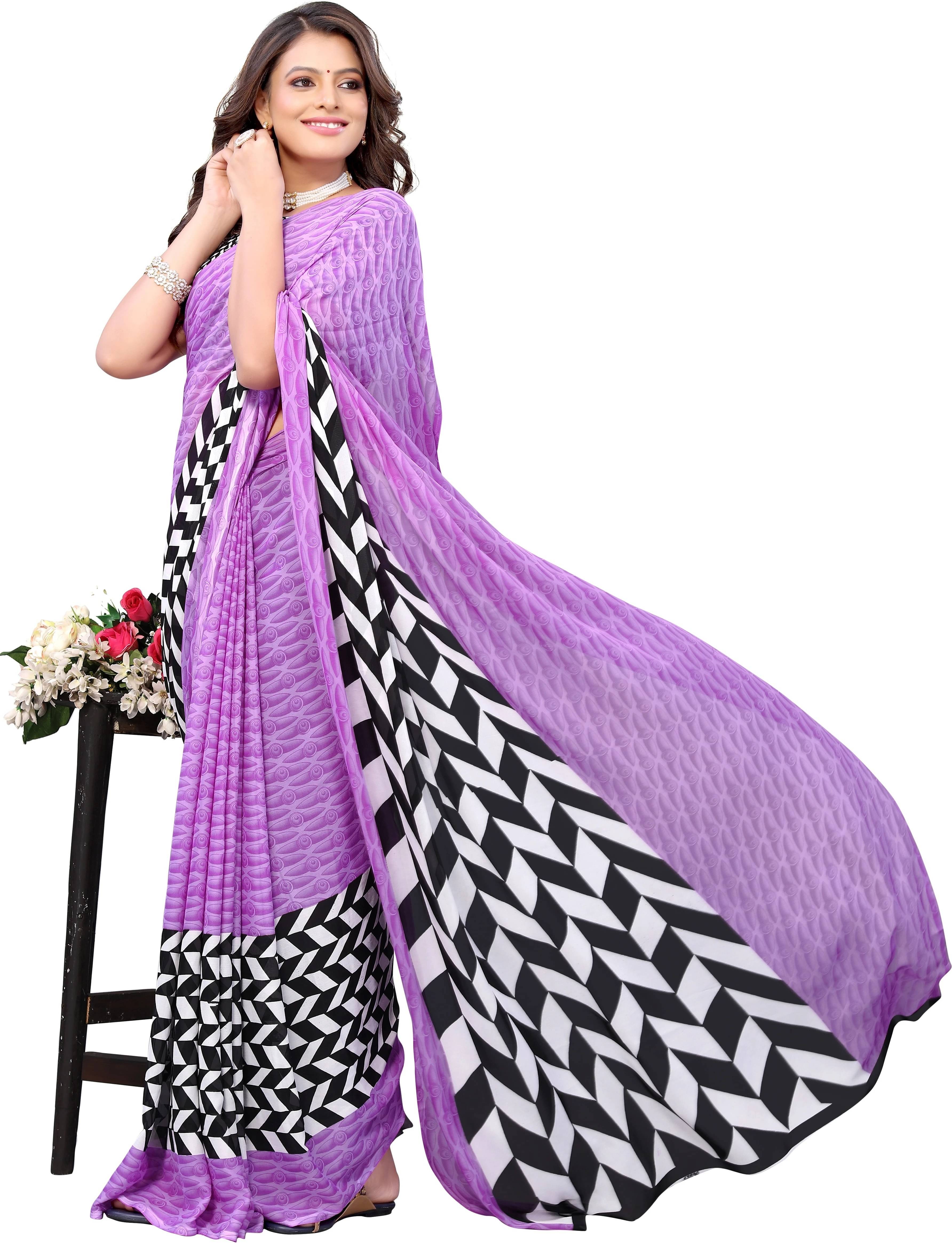     			Yashika Georgette Striped Regular Saree With Unstitched Blouse Piece ( Purple )
