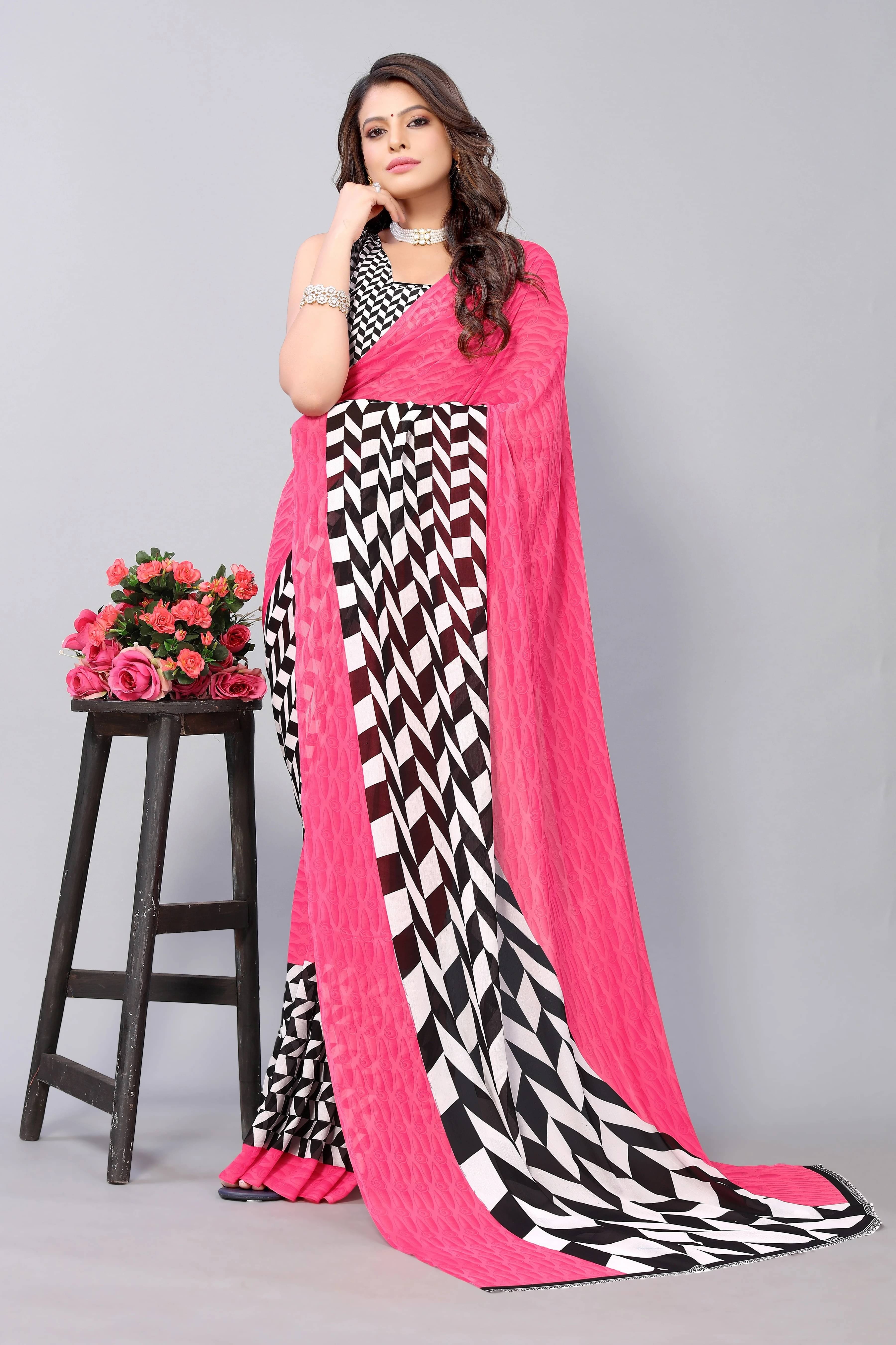     			Yashika Georgette Striped Regular Saree With Unstitched Blouse Piece ( Pink )