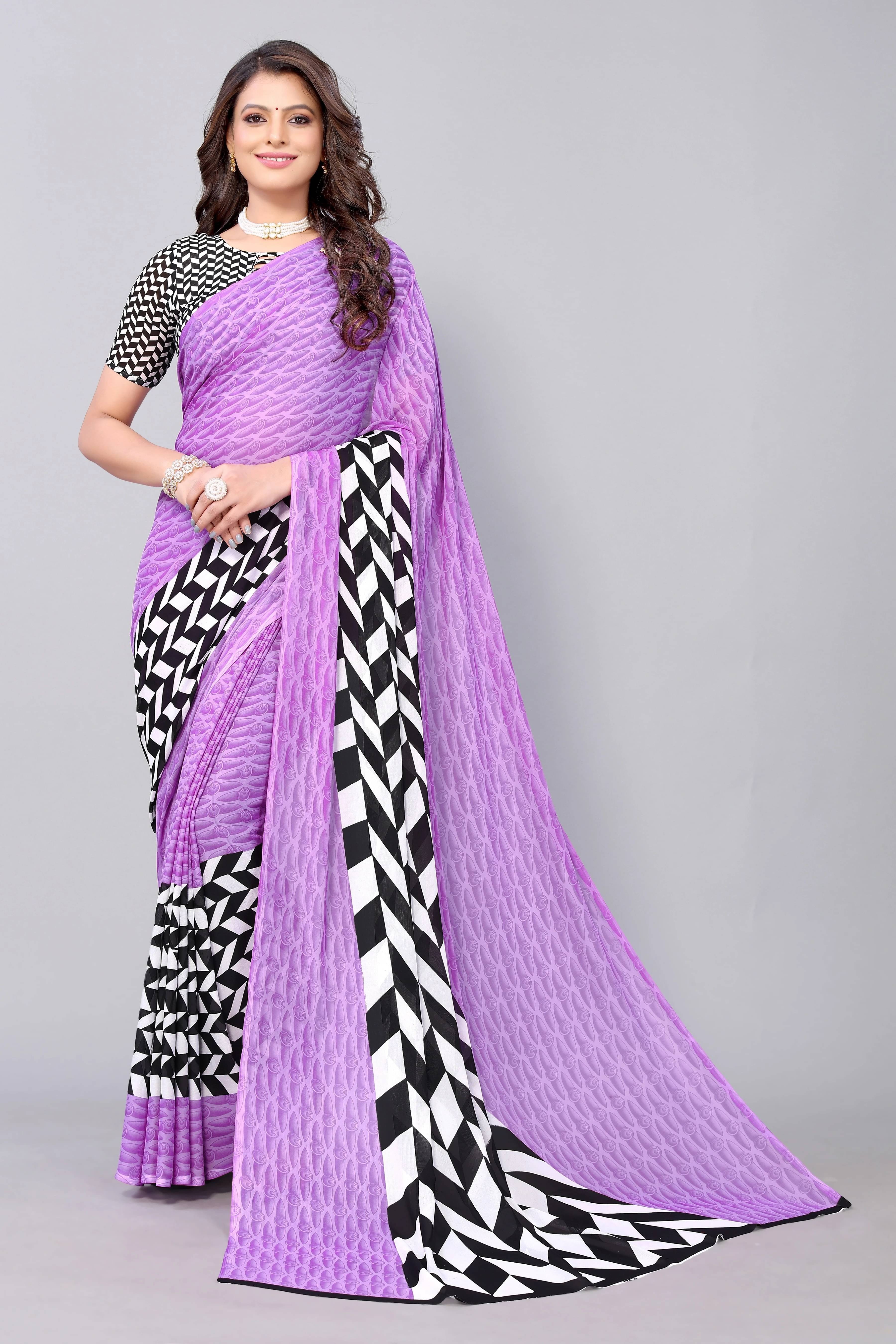     			Yashika Georgette Striped Regular Saree With Unstitched Blouse Piece ( Purple )