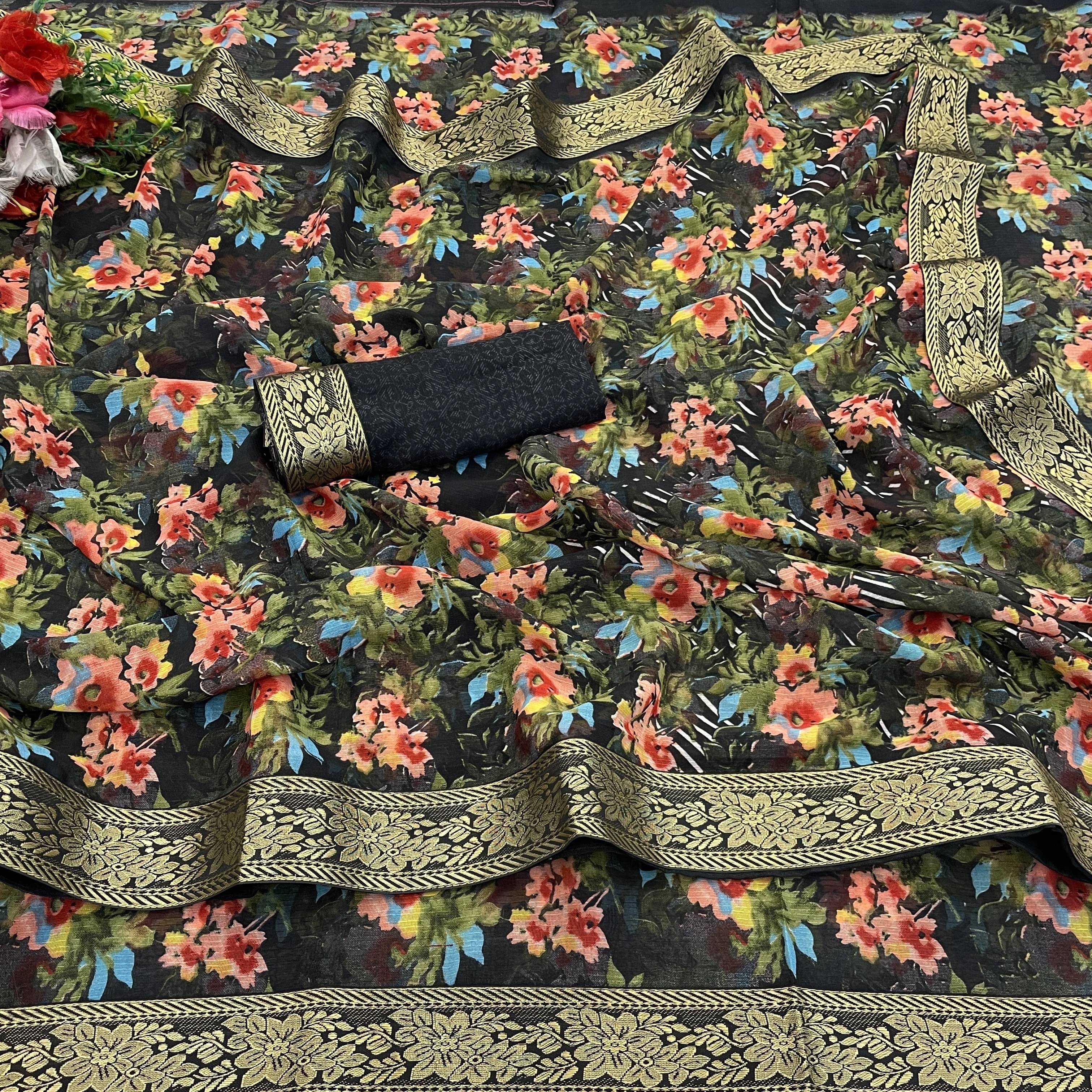Yashika Georgette Woven Regular Saree With Unstitched Blouse Piece ( Black ) Yashika Georgette Woven Regular Saree With Unstitched Blouse Piece ( Black )