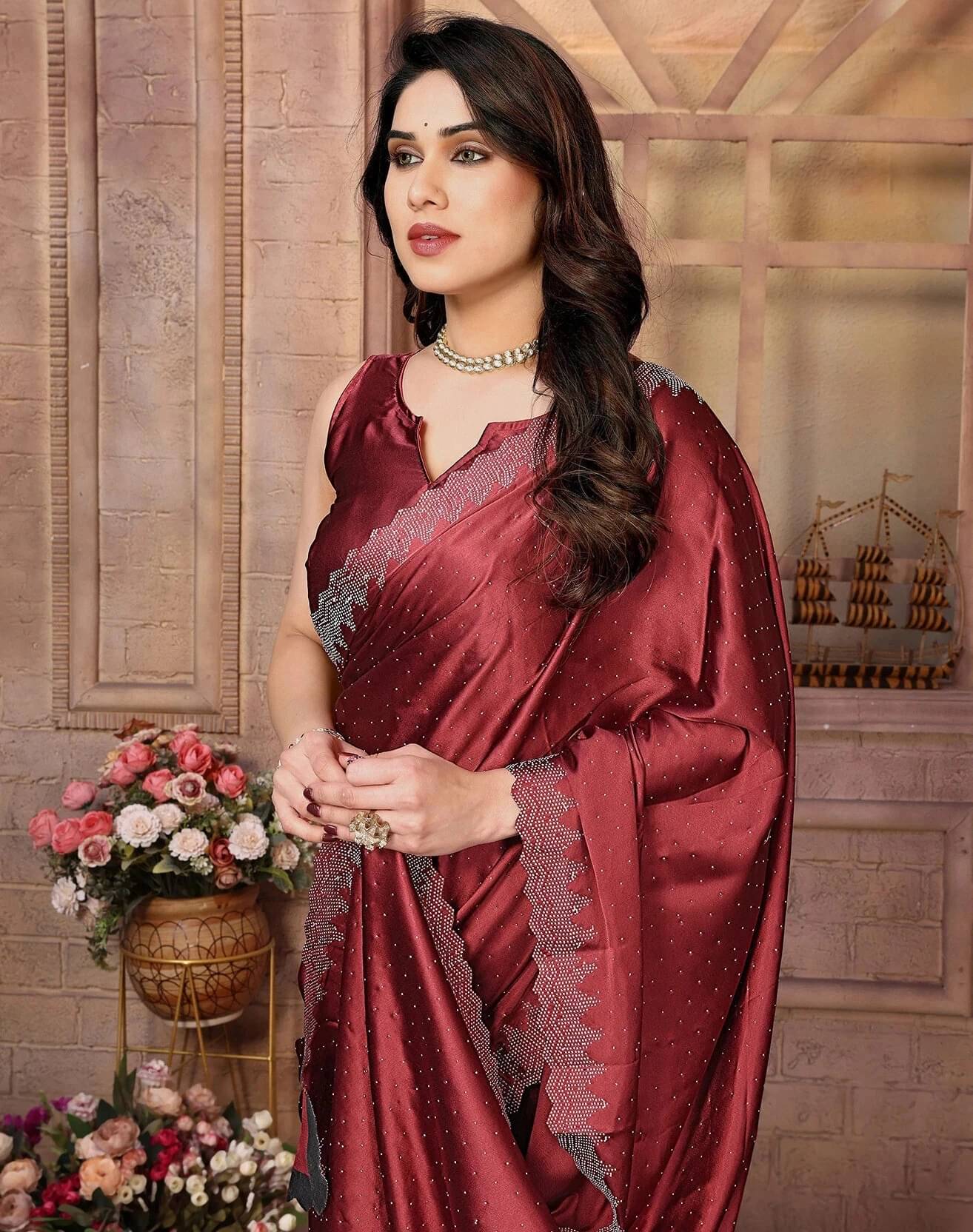 Yashika Jimmy choo Embellished Regular Saree With Unstitched Blouse Piece ( Maroon )     			Yashika Jimmy choo Embellished Regular Saree With Unstitched Blouse Piece ( Maroon )