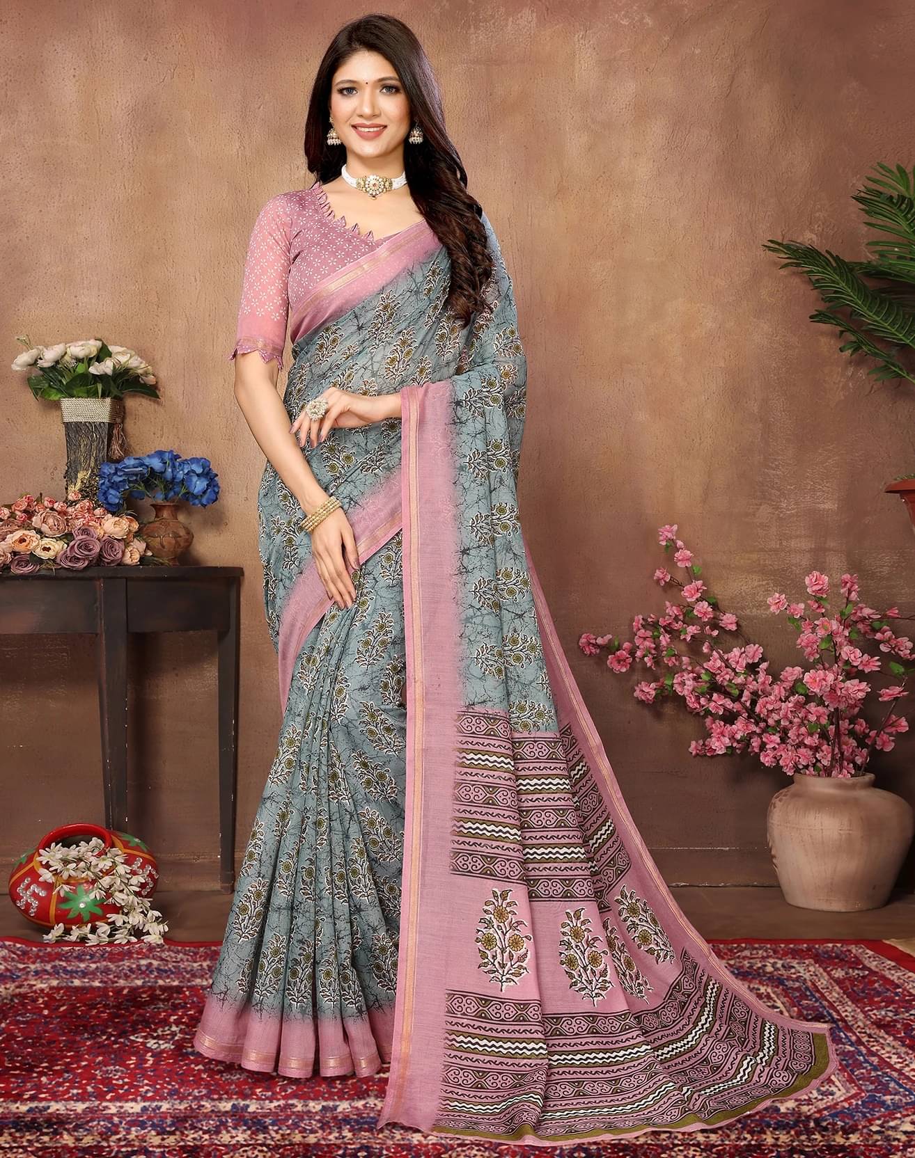 Yashika Linen Printed Regular Saree With Unstitched Blouse Piece ( Grey ) Yashika Linen Printed Regular Saree With Unstitched Blouse Piece ( Grey )