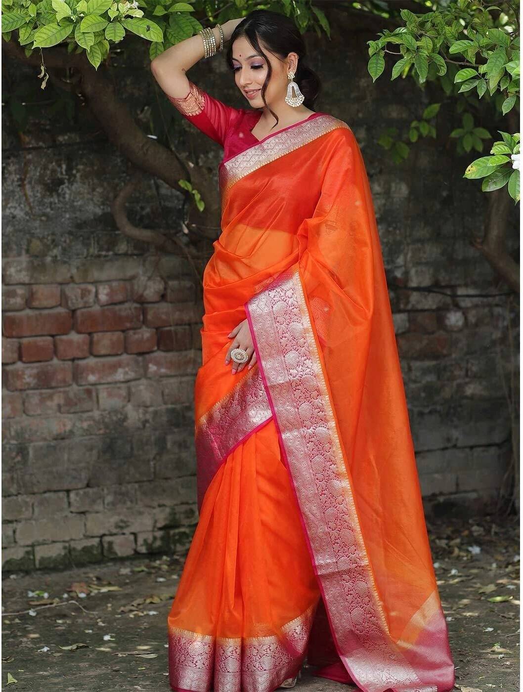 Yashika Organza Printed Regular Saree With Unstitched Blouse Piece ( Orange ) Yashika Organza Printed Regular Saree With Unstitched Blouse Piece ( Orange )