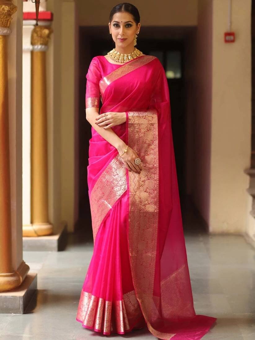 Yashika Organza Printed Regular Saree With Unstitched Blouse Piece ( Pink ) Yashika Organza Printed Regular Saree With Unstitched Blouse Piece ( Pink )
