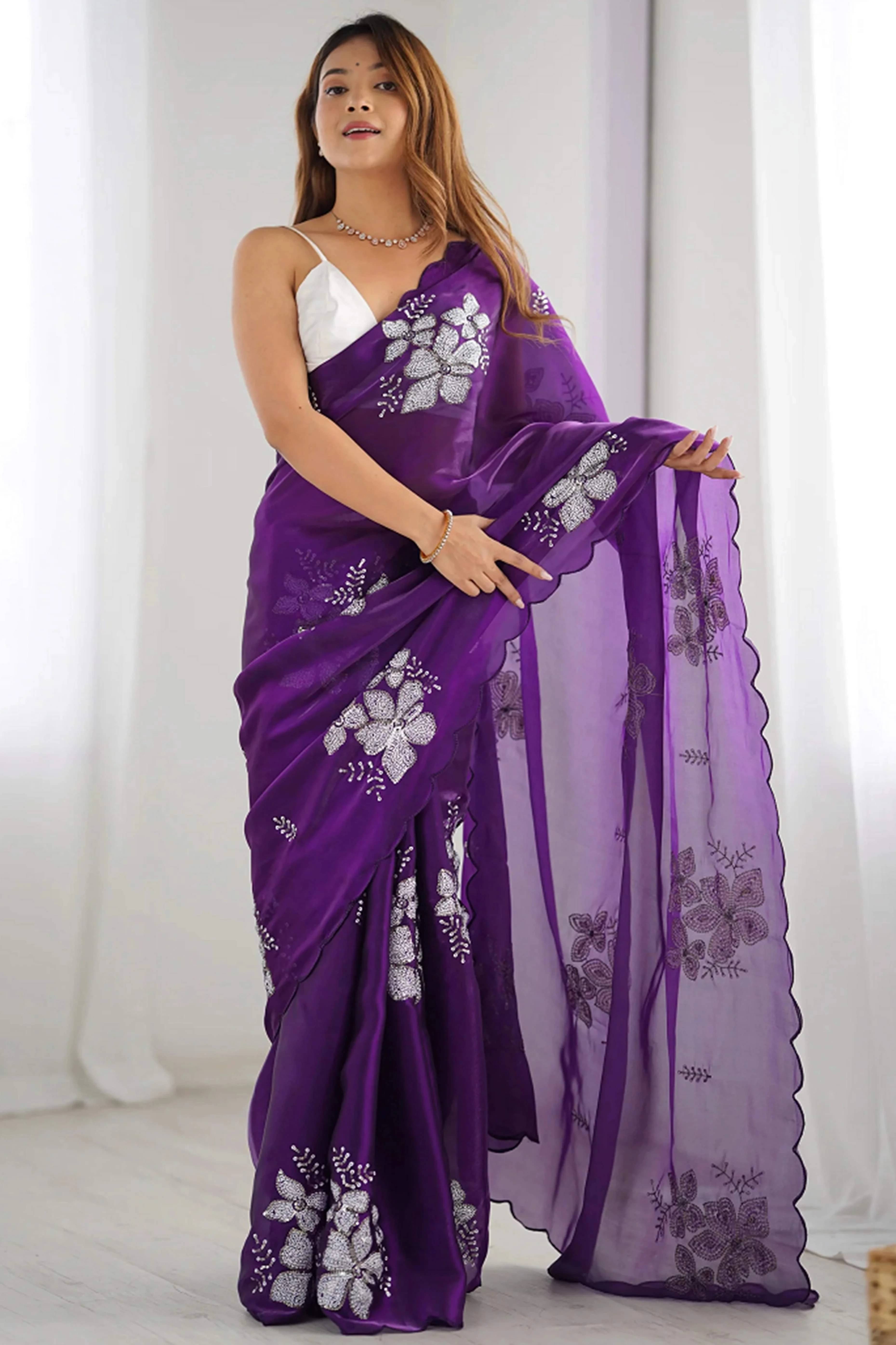 Yashika Satin Embellished Regular Saree With Unstitched Blouse Piece ( Purple ) Yashika Satin Embellished Regular Saree With Unstitched Blouse Piece ( Purple )
