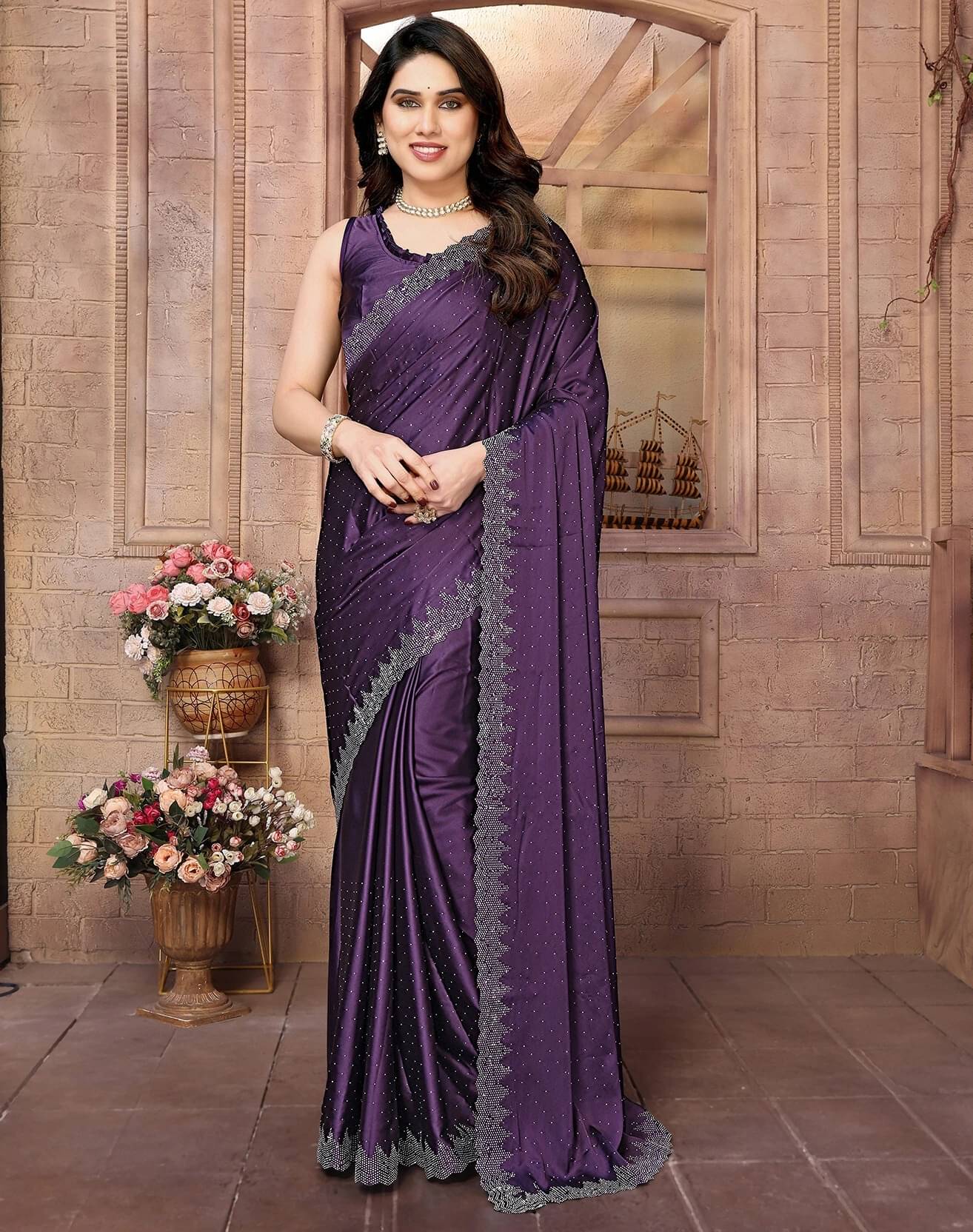     			Yashika Satin Embellished Regular Saree With Unstitched Blouse Piece ( Purple )
