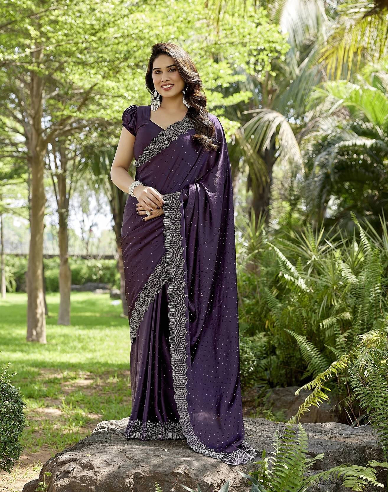 Yashika Satin Embellished Regular Saree With Unstitched Blouse Piece ( Purple ) Yashika Satin Embellished Regular Saree With Unstitched Blouse Piece ( Purple )
