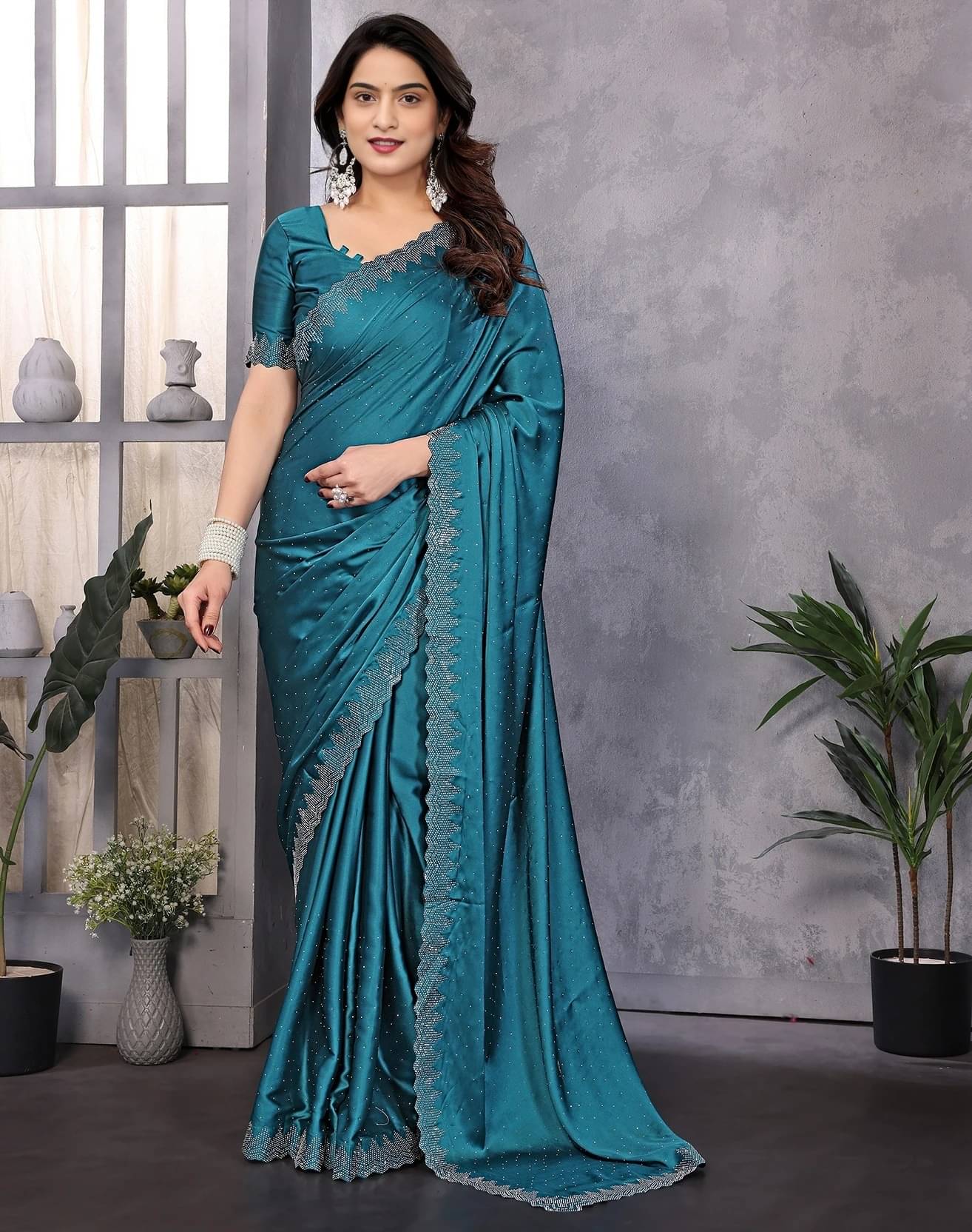 Yashika Satin Embellished Regular Saree With Unstitched Blouse Piece ( Blue ) Yashika Satin Embellished Regular Saree With Unstitched Blouse Piece ( Blue )