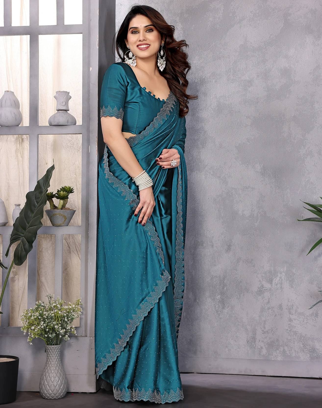 Yashika Satin Embellished Regular Saree With Unstitched Blouse Piece ( Blue ) Yashika Satin Embellished Regular Saree With Unstitched Blouse Piece ( Blue )
