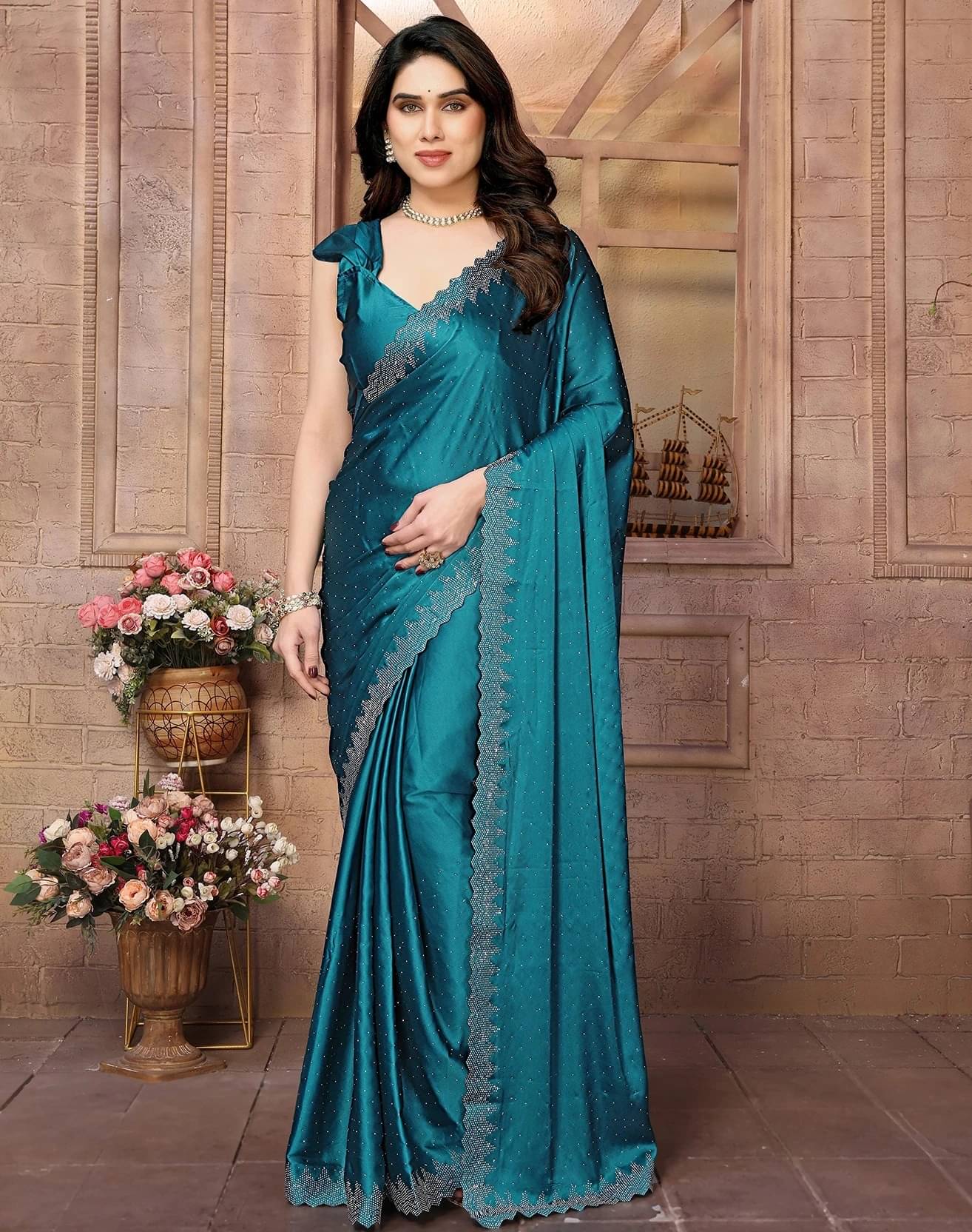     			Yashika Satin Embellished Regular Saree With Unstitched Blouse Piece ( Blue )