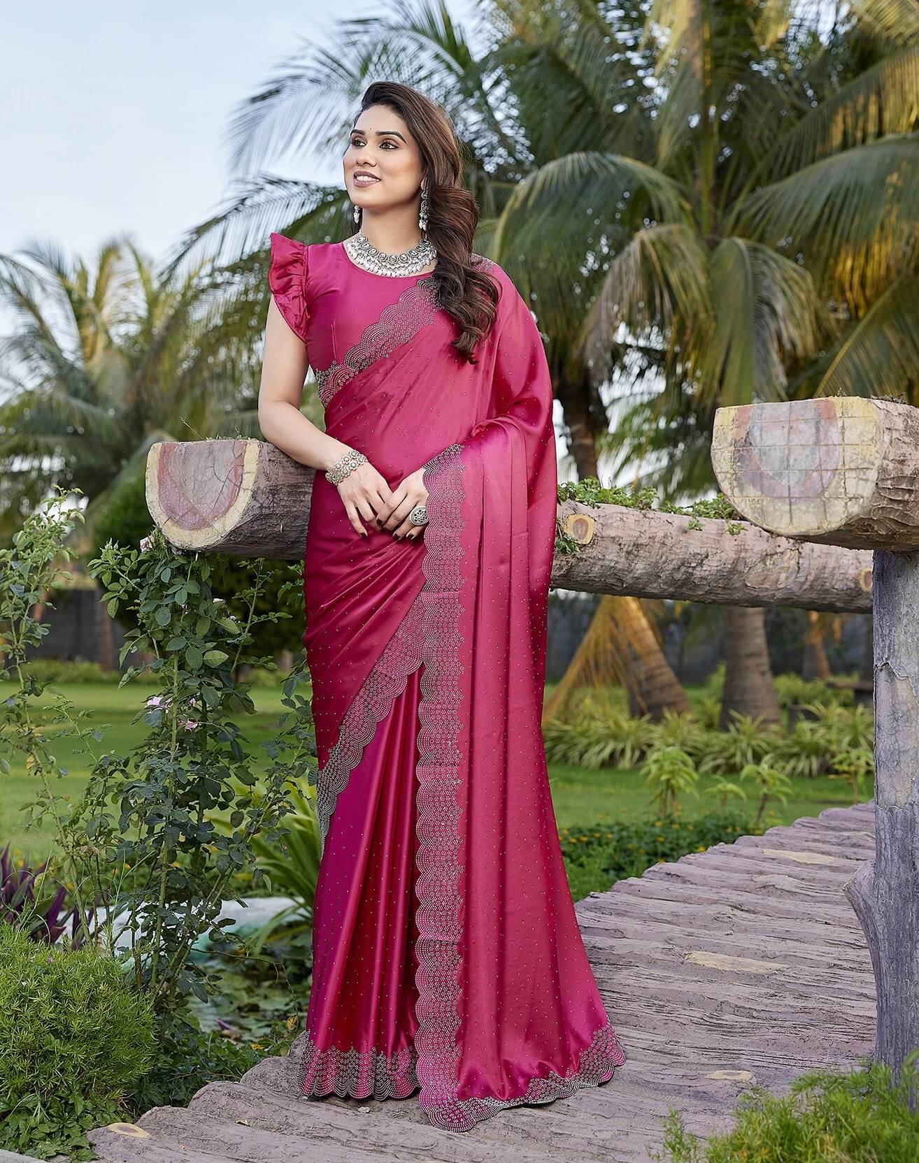Yashika Satin Embellished Regular Saree With Unstitched Blouse Piece ( Pink ) Yashika Satin Embellished Regular Saree With Unstitched Blouse Piece ( Pink )