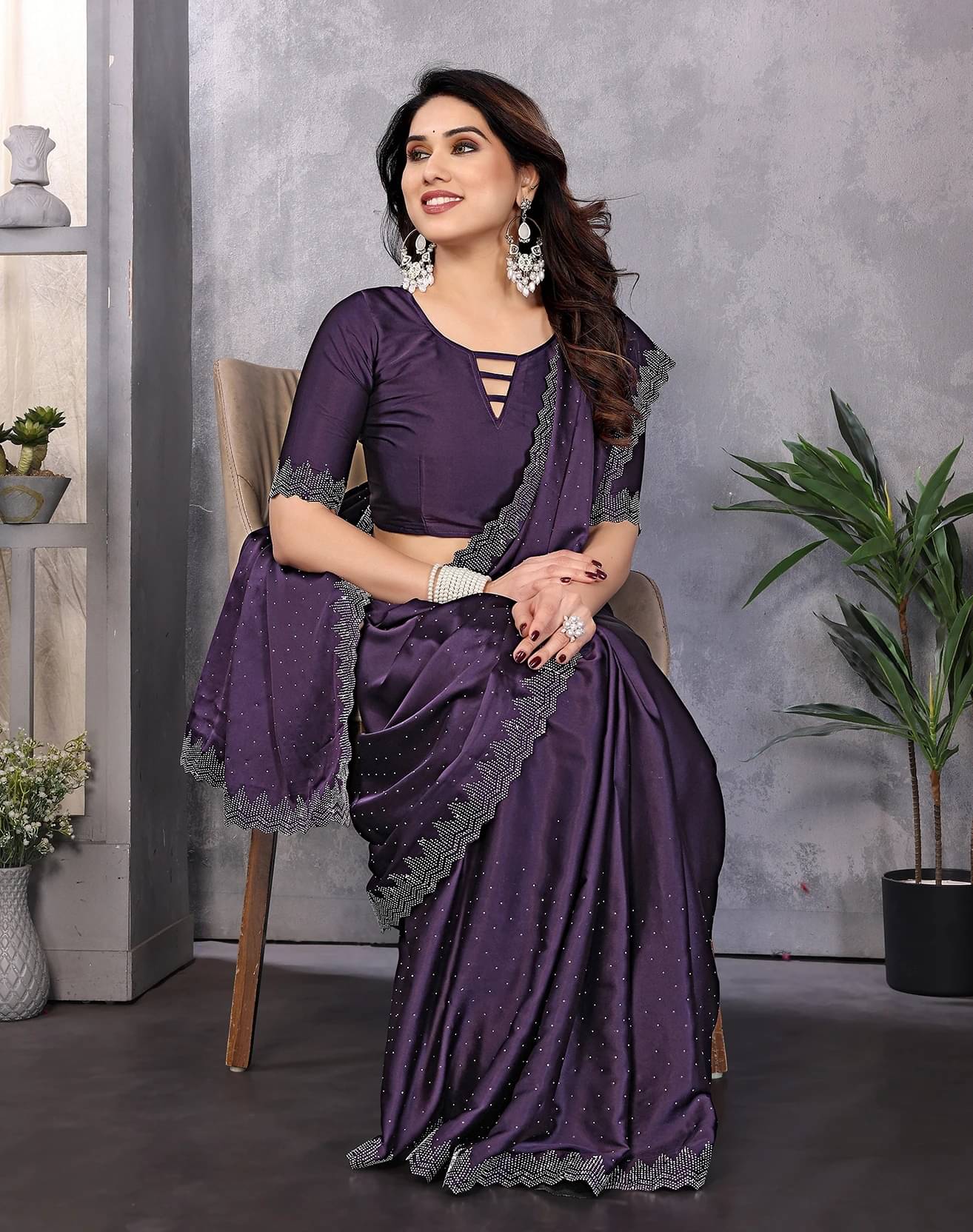 Yashika Satin Embellished Regular Saree With Unstitched Blouse Piece ( Purple )     			Yashika Satin Embellished Regular Saree With Unstitched Blouse Piece ( Purple )
