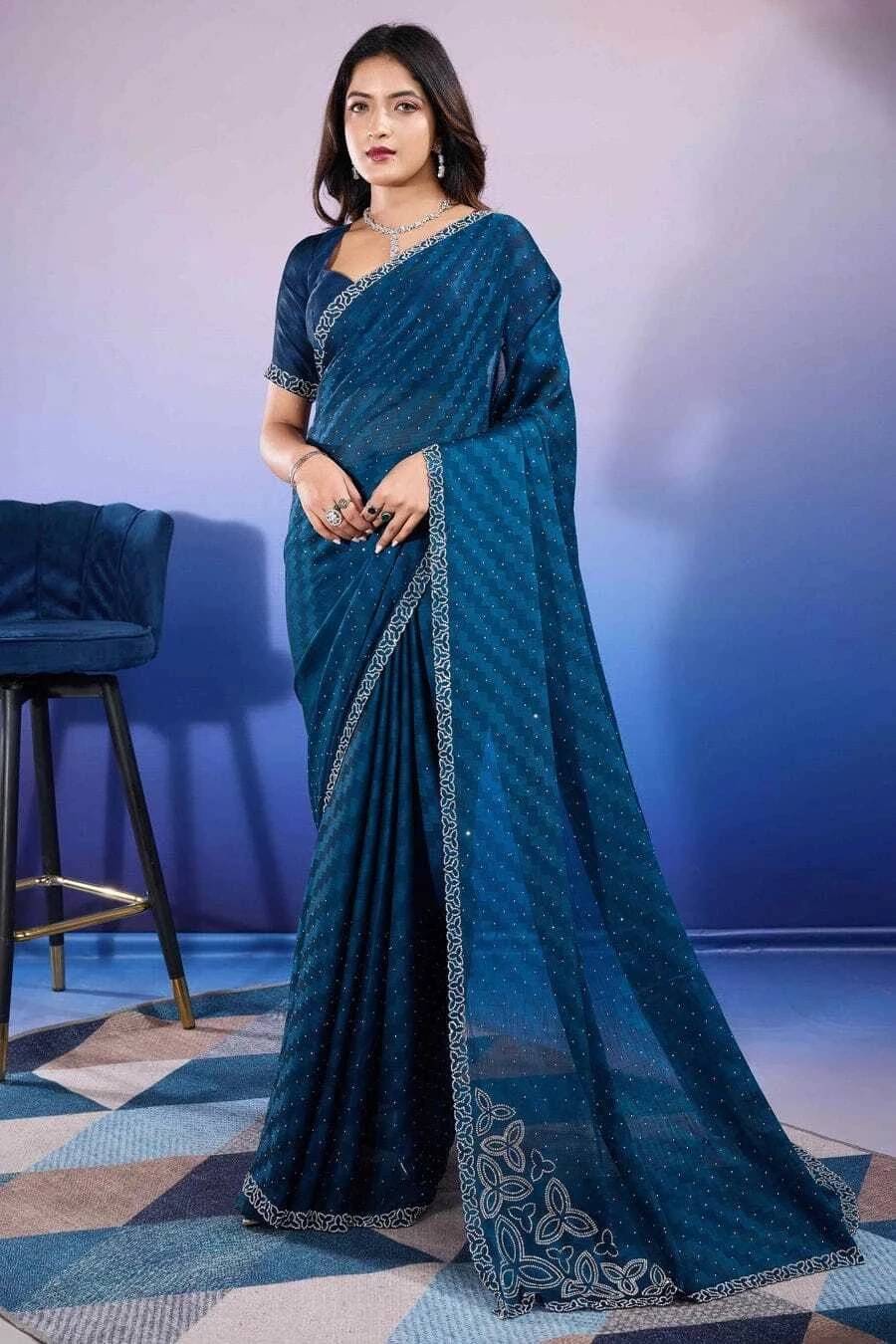     			Yashika Satin Embellished Regular Saree With Unstitched Blouse Piece ( Blue )