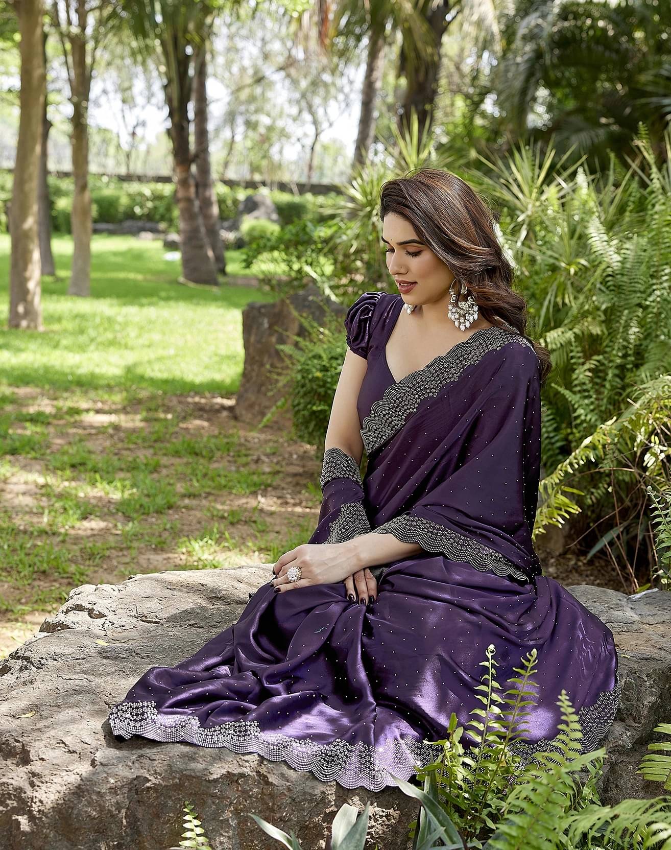 Yashika Satin Embellished Regular Saree With Unstitched Blouse Piece ( Purple ) Yashika Satin Embellished Regular Saree With Unstitched Blouse Piece ( Purple )