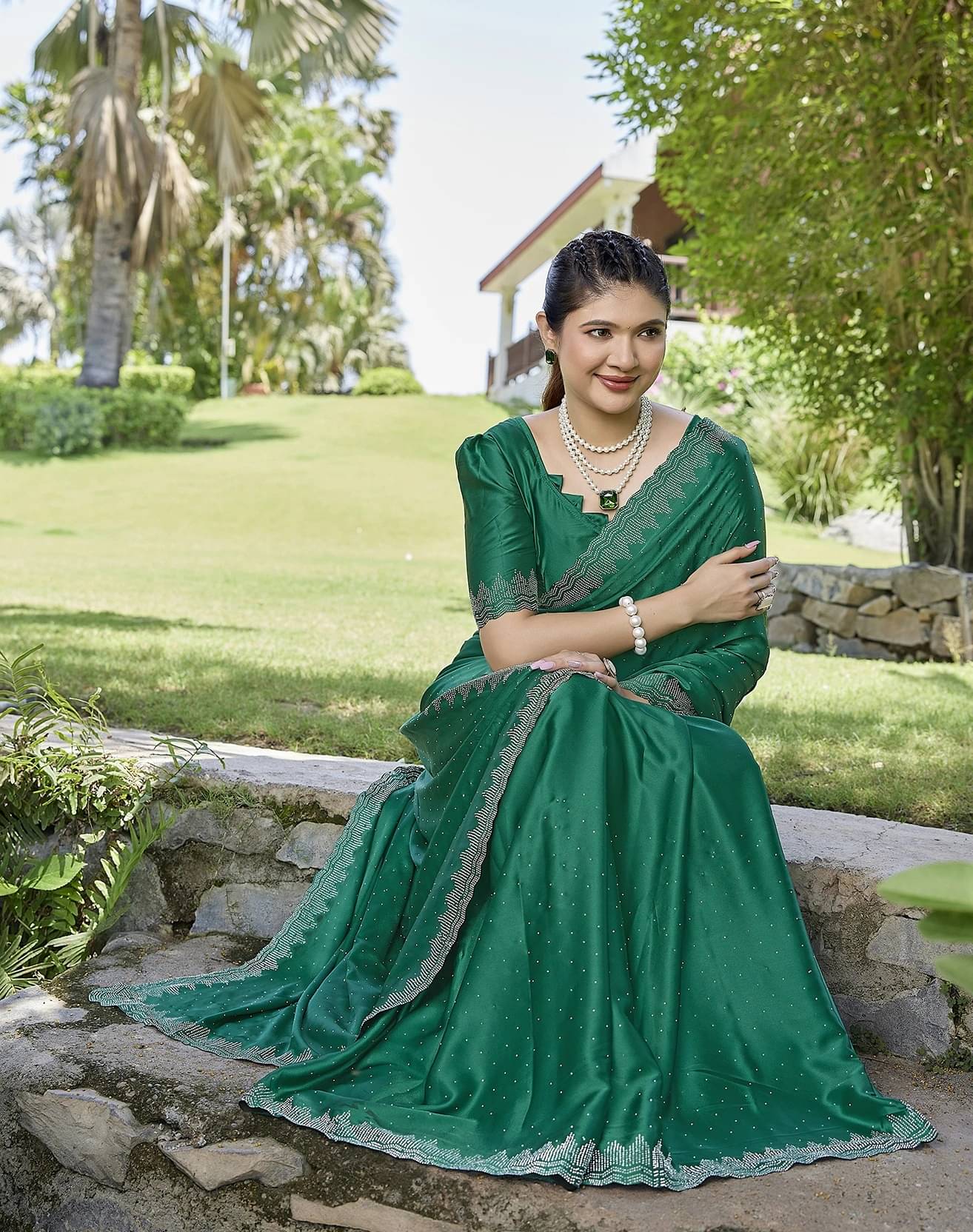 Yashika Satin Embellished Regular Saree With Unstitched Blouse Piece ( Green ) Yashika Satin Embellished Regular Saree With Unstitched Blouse Piece ( Green )