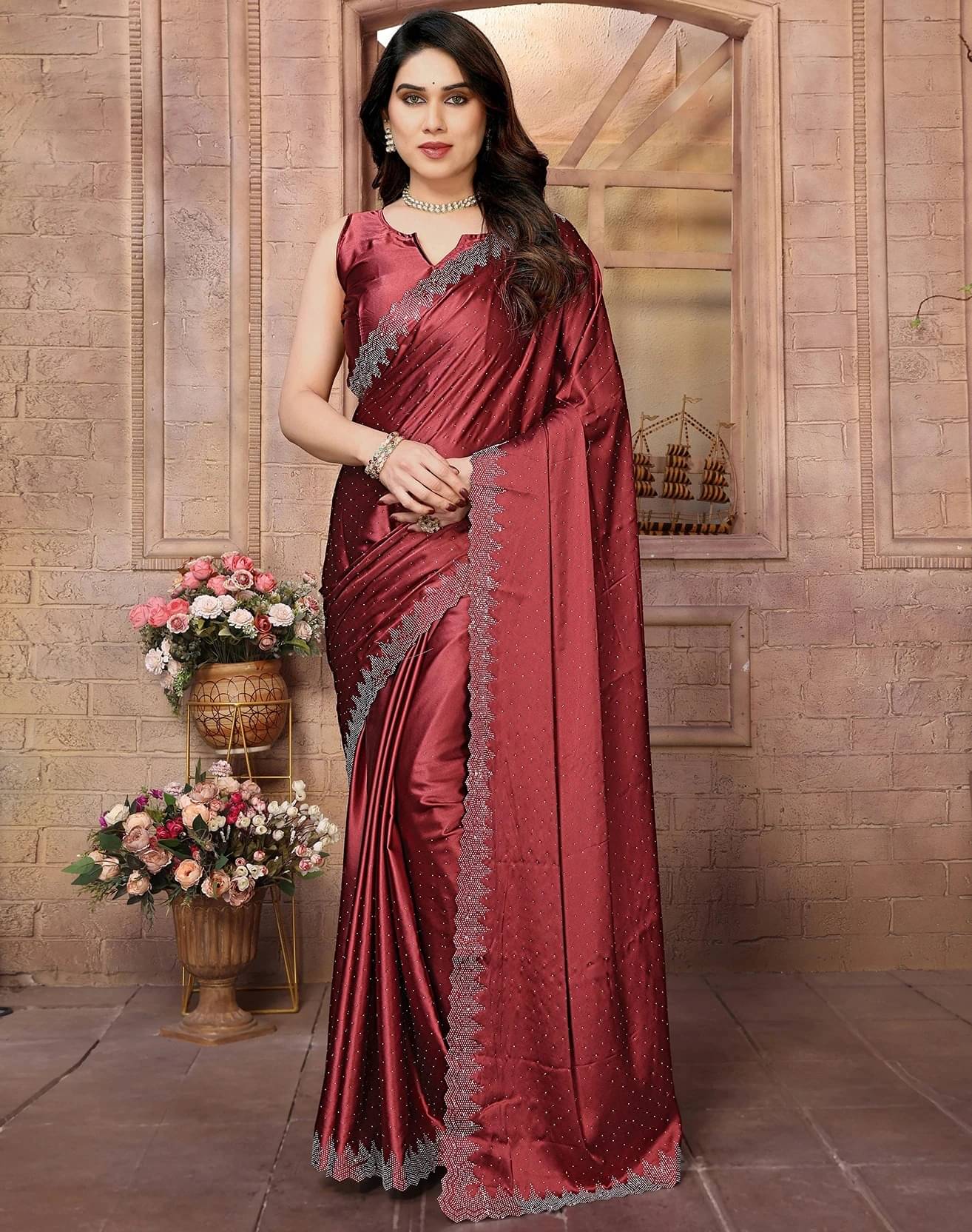     			Yashika Satin Embellished Regular Saree With Unstitched Blouse Piece ( Maroon )