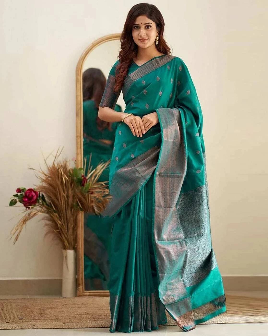 Yashika Silk Blend Printed Banarasi saree With Unstitched Blouse Piece ( Green )     			Yashika Silk Blend Printed Banarasi saree With Unstitched Blouse Piece ( Green )