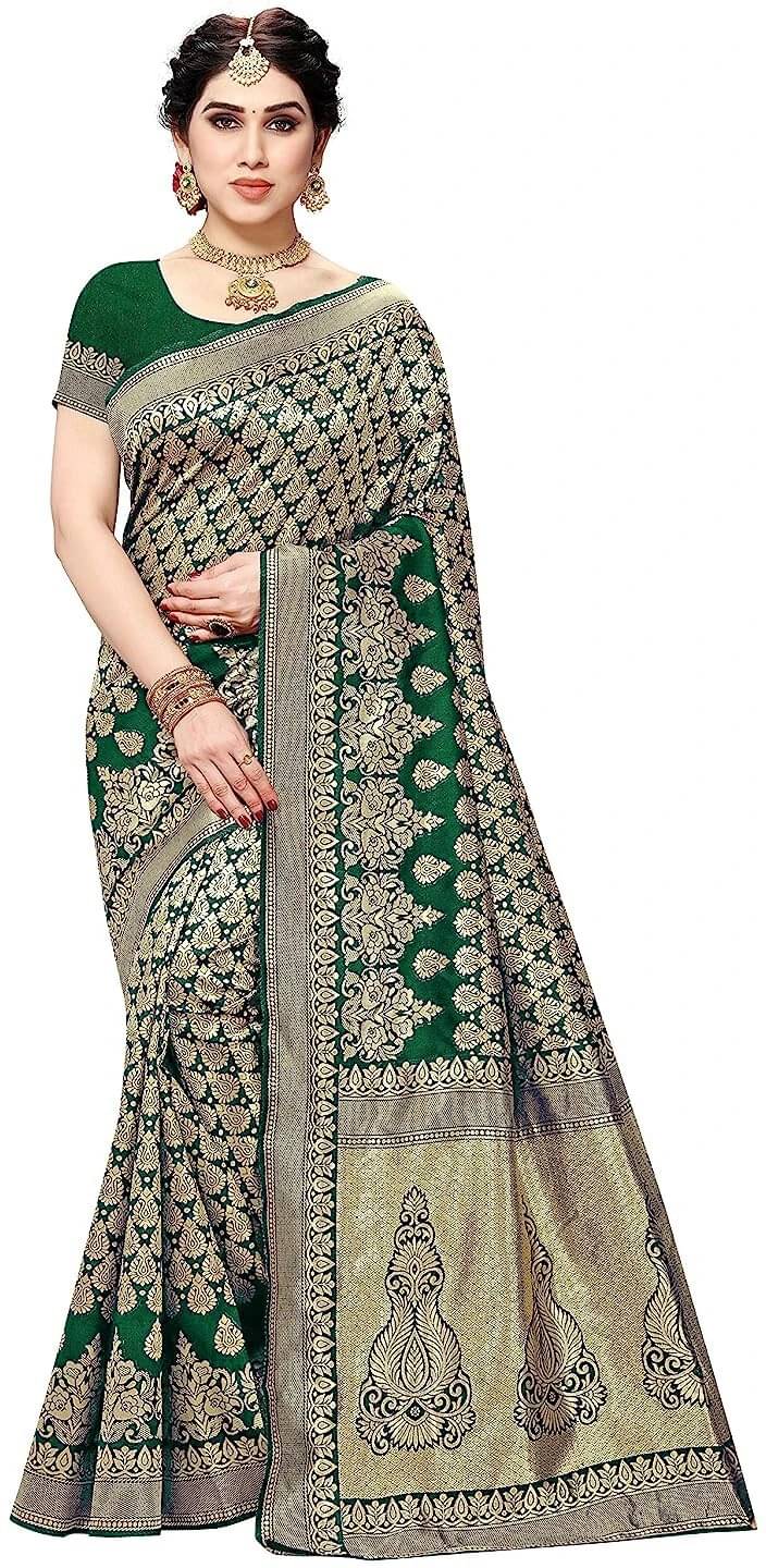 Yashika Silk Blend Printed Banarasi saree With Unstitched Blouse Piece ( Green )     			Yashika Silk Blend Printed Banarasi saree With Unstitched Blouse Piece ( Green )