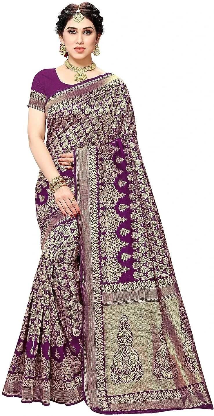 Yashika Silk Blend Printed Banarasi saree With Unstitched Blouse Piece ( Purple )     			Yashika Silk Blend Printed Banarasi saree With Unstitched Blouse Piece ( Purple )