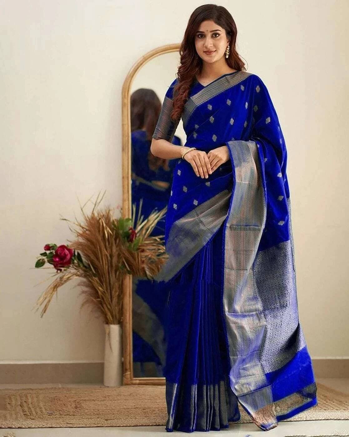     			Yashika Silk Blend Printed Banarasi saree With Unstitched Blouse Piece ( Blue )