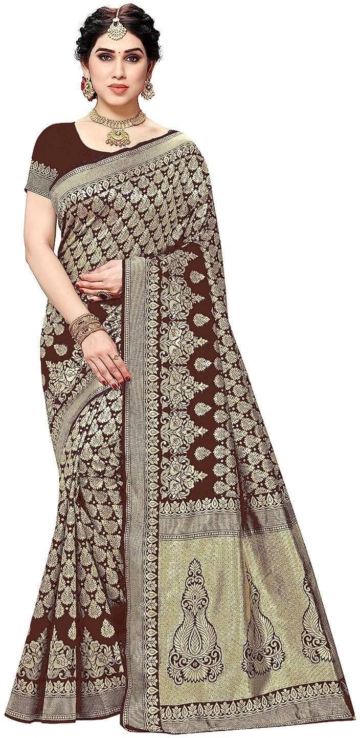     			Yashika Silk Blend Printed Banarasi saree With Unstitched Blouse Piece ( Brown )