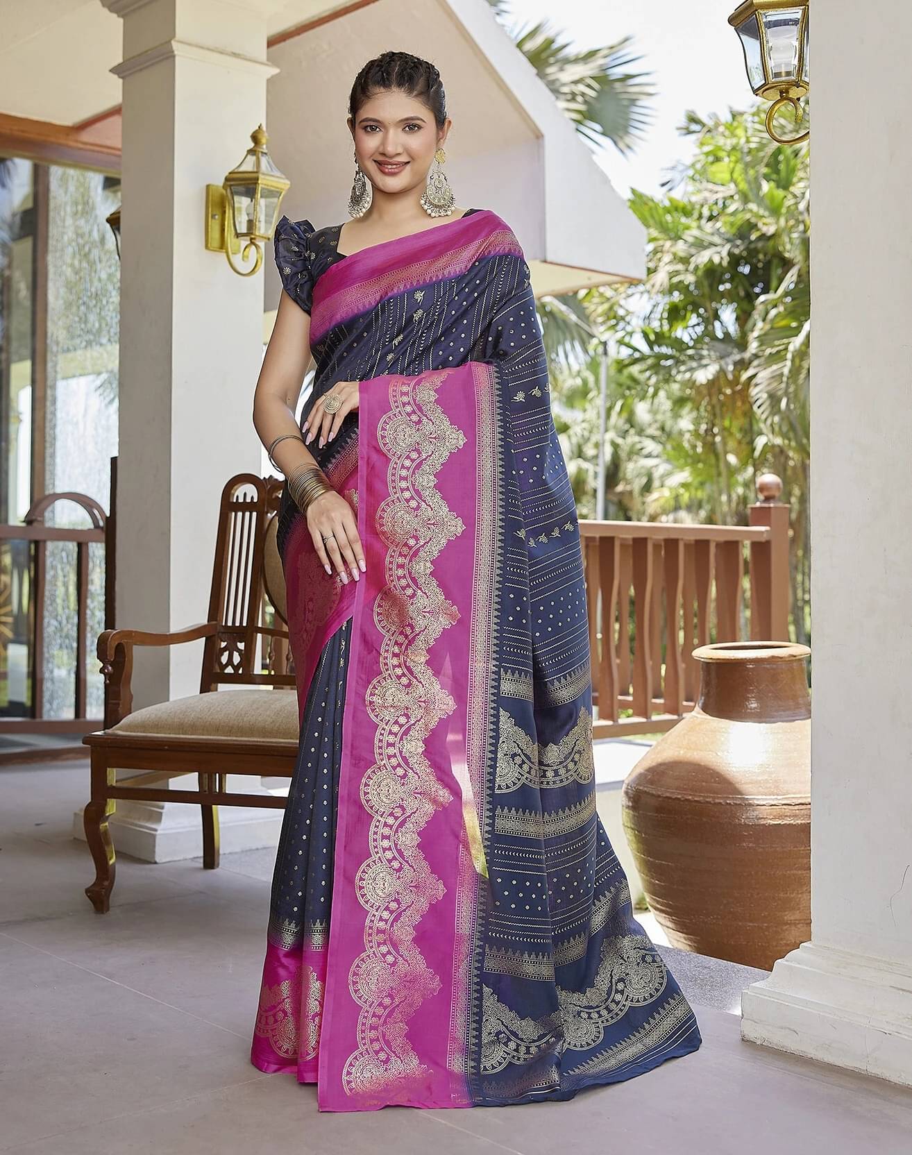     			Yashika Silk Blend Printed Banarasi saree With Unstitched Blouse Piece ( Blue )