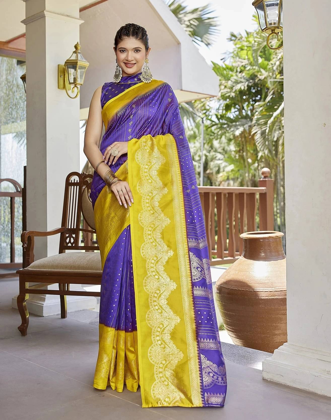 Yashika Silk Blend Printed Banarasi saree With Unstitched Blouse Piece ( Purple )     			Yashika Silk Blend Printed Banarasi saree With Unstitched Blouse Piece ( Purple )