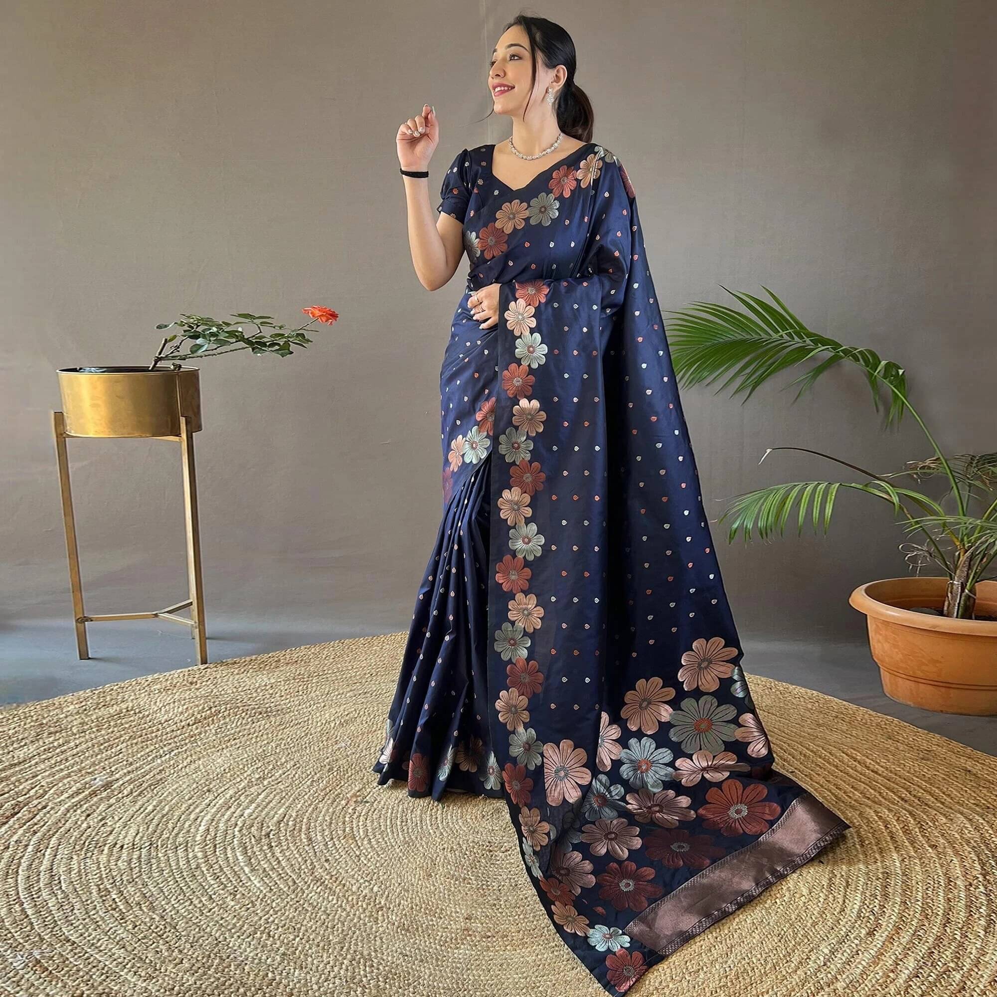     			Yashika Silk Blend Printed Banarasi saree With Unstitched Blouse Piece ( Blue )