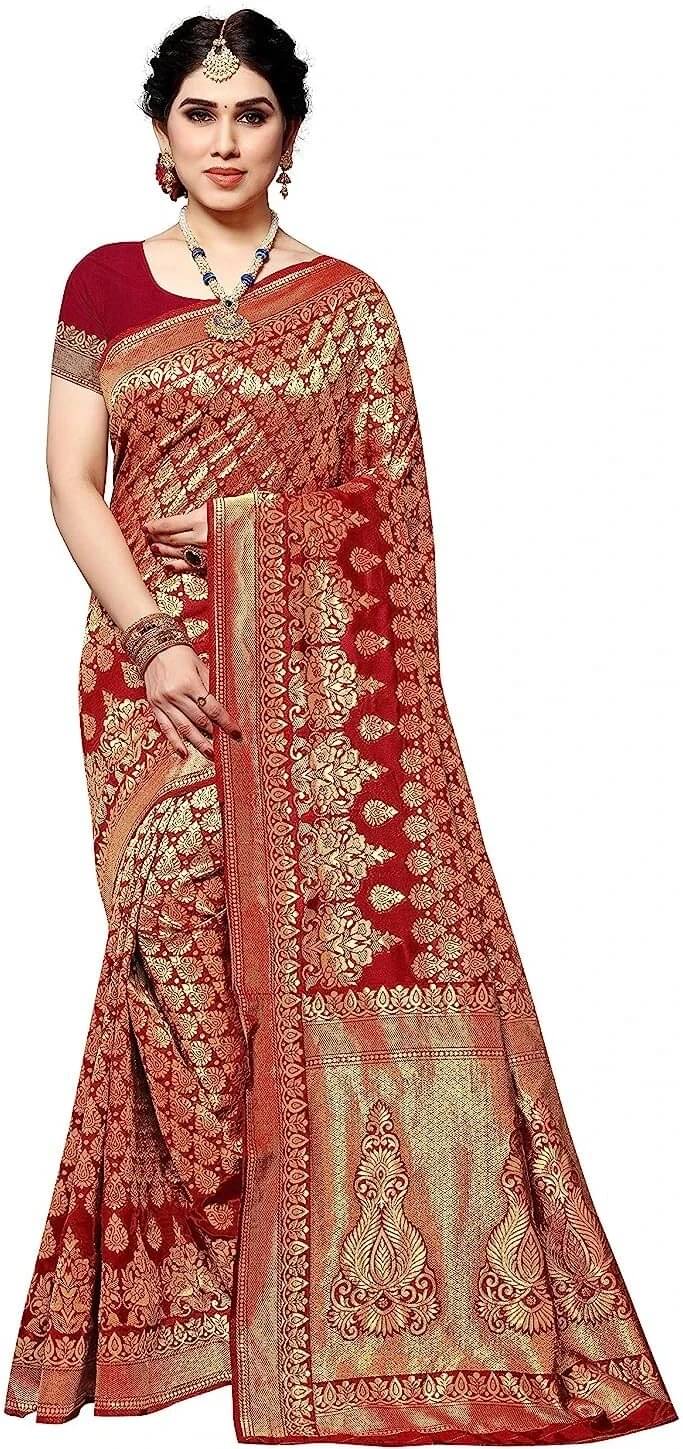     			Yashika Silk Blend Printed Banarasi saree With Unstitched Blouse Piece ( Red )